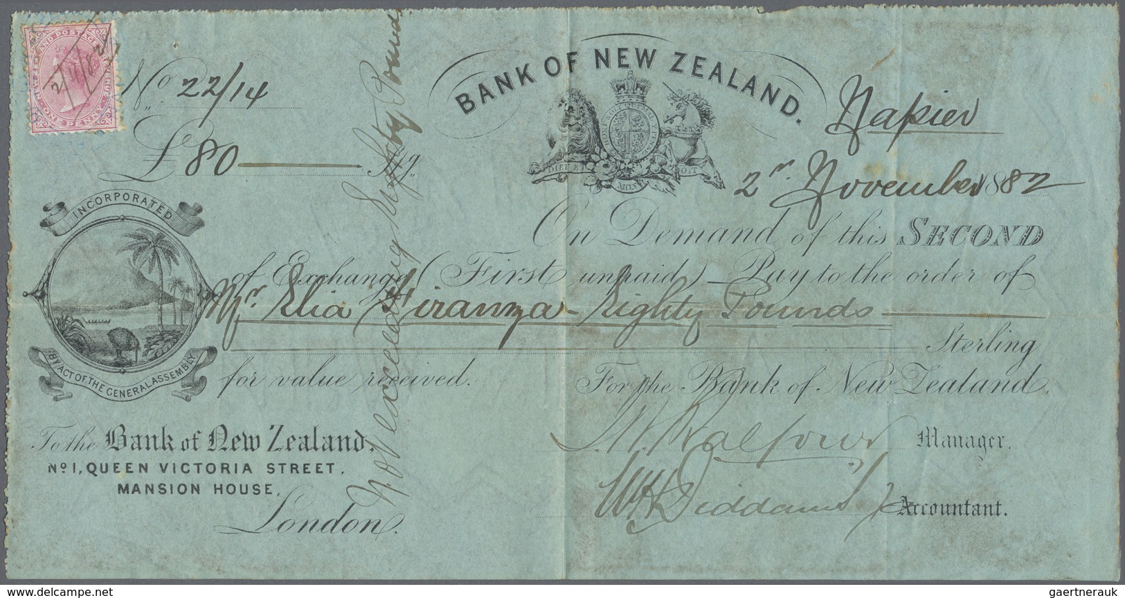 Neuseeland - Besonderheiten: 1882, QV 1d. Rose Single Use As REVENUE STAMP On 'Bank Of New Zealand' - Autres & Non Classés