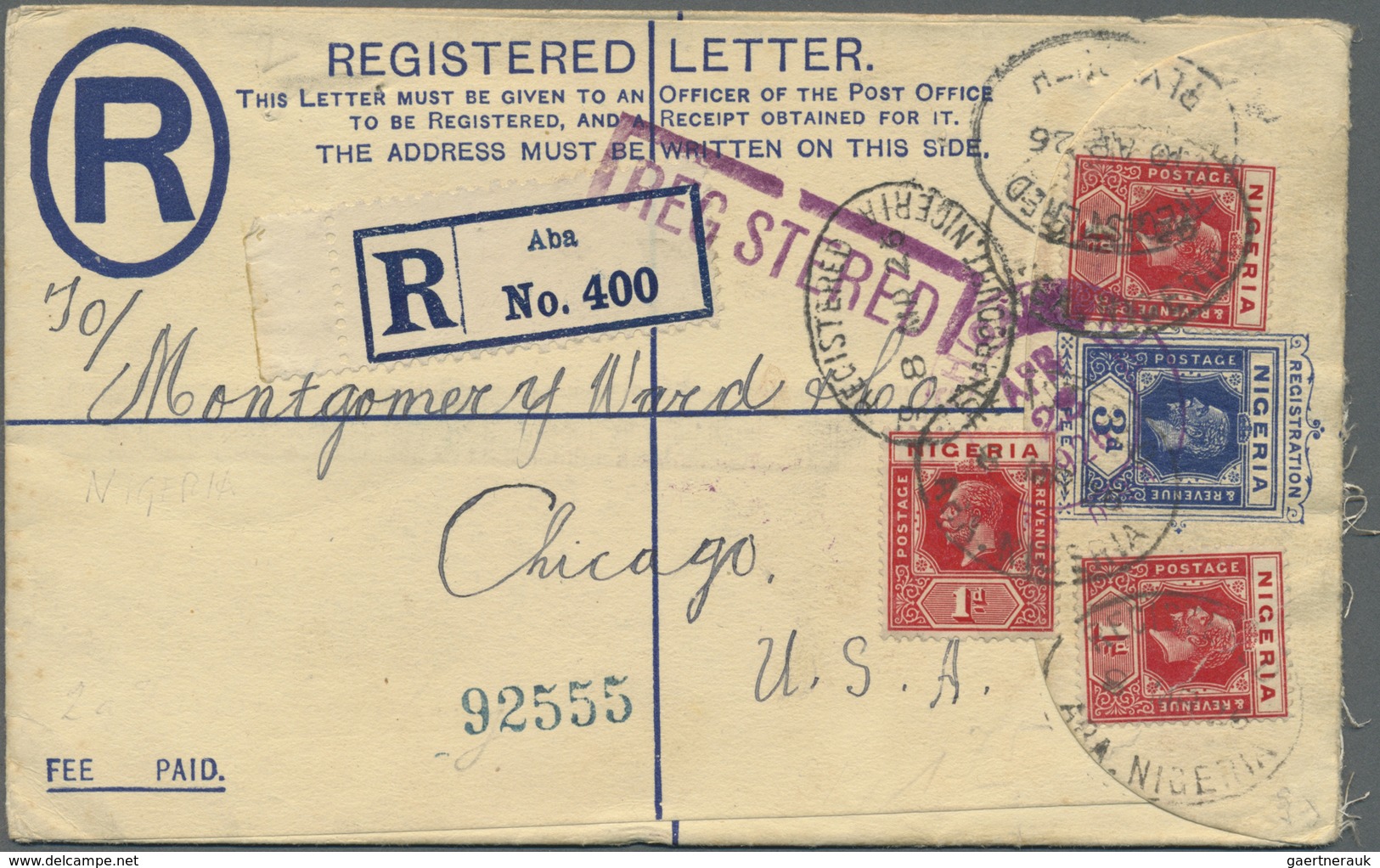 GA Nigeria: 1926 (8.3.), Registered Letter KGV 3d. Blue Uprated With 3 X KGV 1d. Scarlet Commercially U - Nigeria (...-1960)