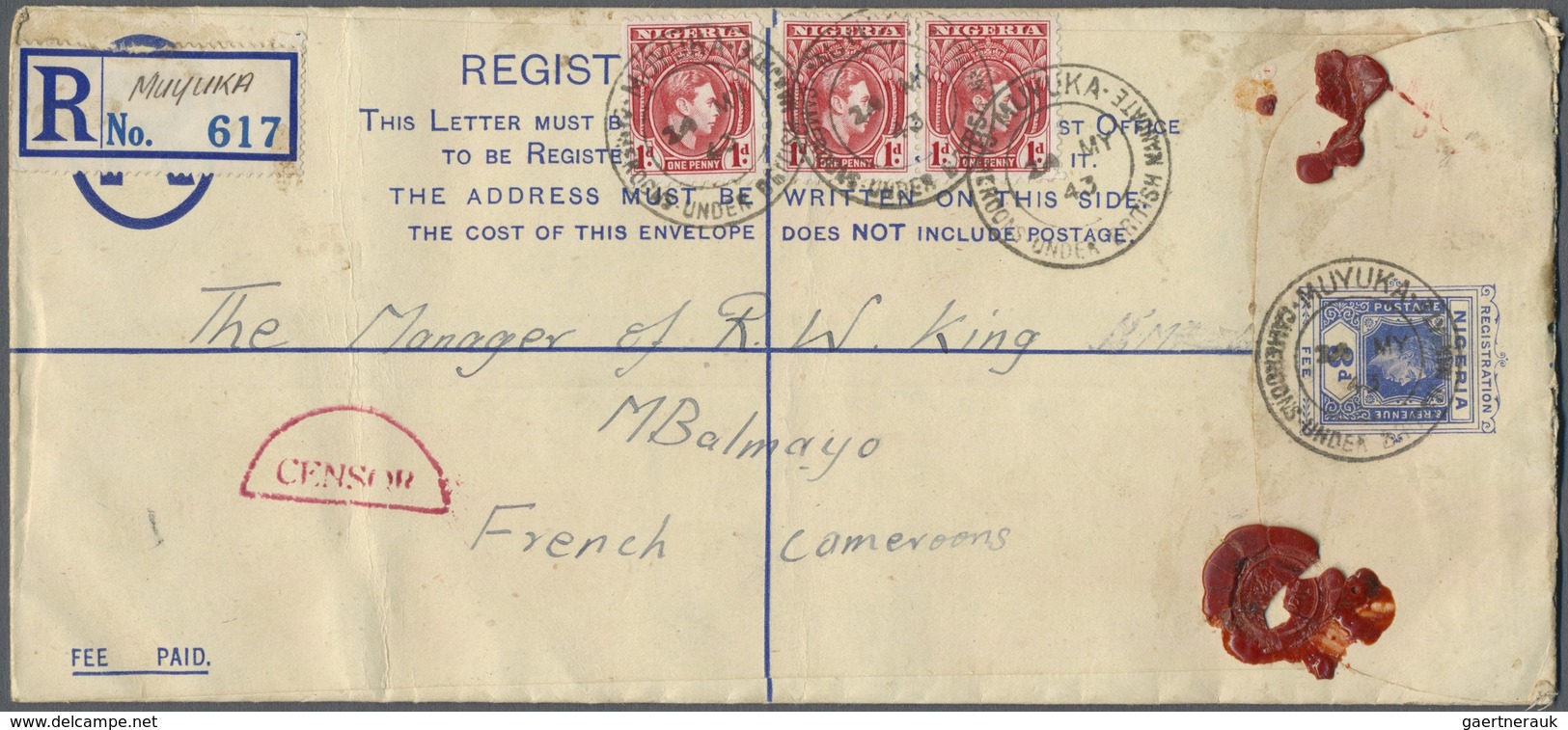 GA Nigeria: 1943. Registered Nigeria Postal Stationery Envelope 3d Blue Upgraded With SG 50, 1d Carmine - Nigeria (...-1960)