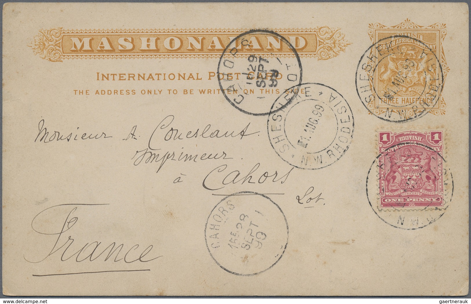 GA Nord-Rhodesien: 1899. Mashoaland Postal Stationery Card 'three Halfpence' Bistre (fox Spots) Upgrade - Rhodésie Du Nord (...-1963)