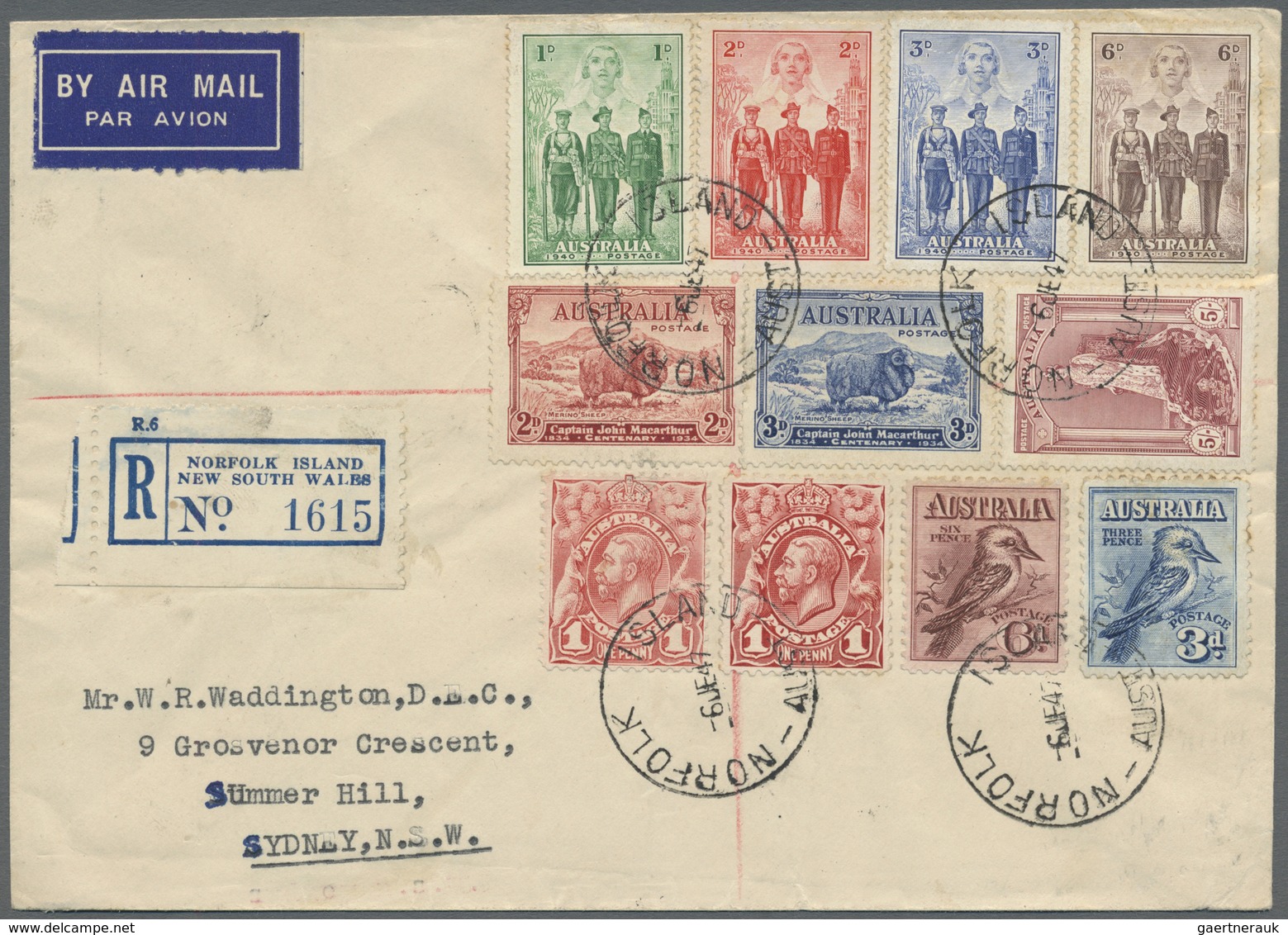 Br Norfolk-Insel: 1947, Eleven Stamps Of Australia Incl. 1 D. Red With Two Different Colour, Each Tied - Ile Norfolk