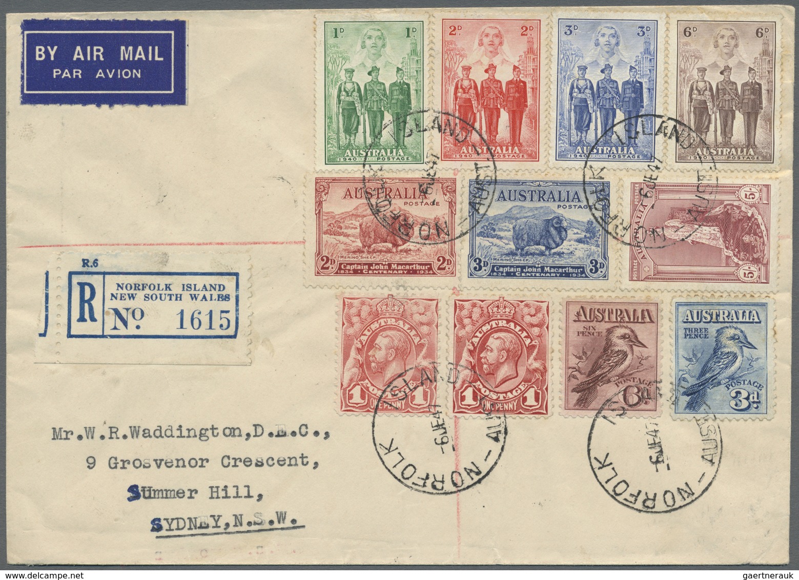 Br Norfolk-Insel: 1947, Eleven Stamps Of Australia Incl. 1 D. Red With Two Different Colour, Each Tied - Norfolk Eiland