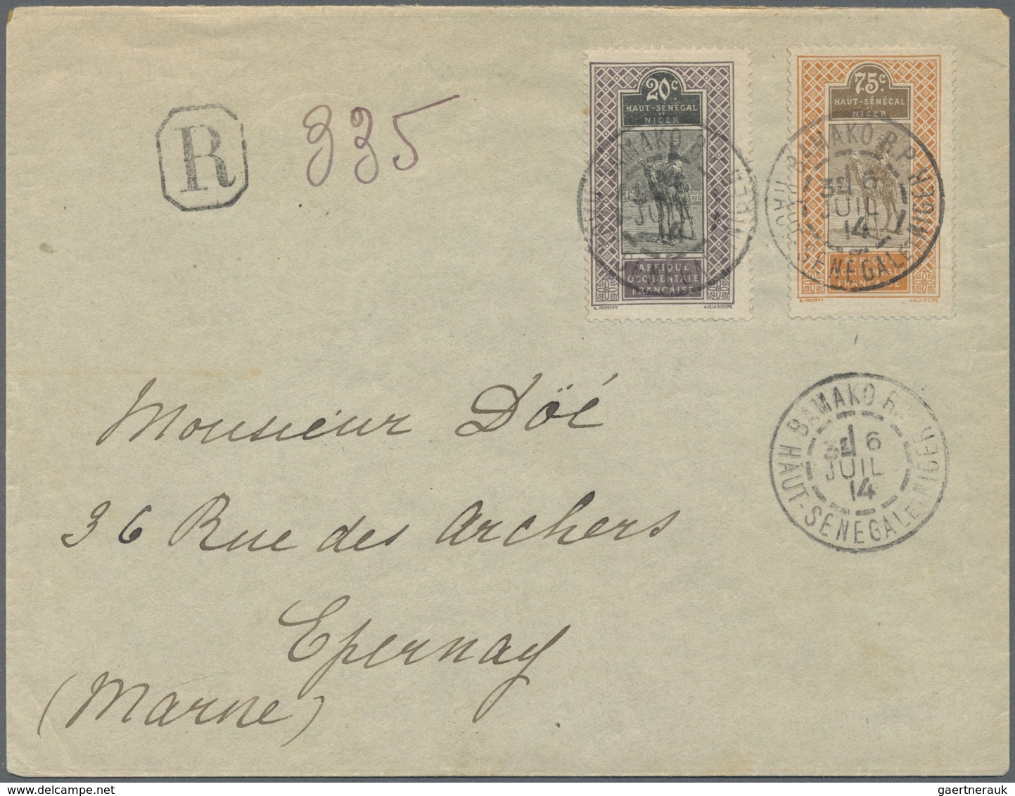 Br Obersenegal-Niger: 1914, Registered Letter With 25 And 75 Cent. From BAMAKO B.P. 31 JUIL 14 To Franc - Other & Unclassified