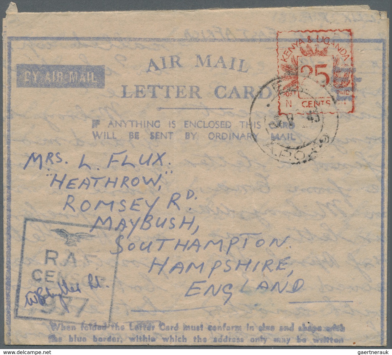 GA Ostafrikanische Gemeinschaft: 1943, Three Air Mail Letter Cards With Red Value Tablet Of Metermark ' - Afrique Orientale Britannique