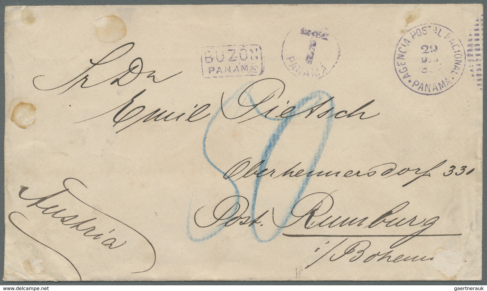 Br Panama: 1902. Unstamped Envelope (faults/stains) Addressed To Austria Cancelled By 'Agenda Postal Na - Panama