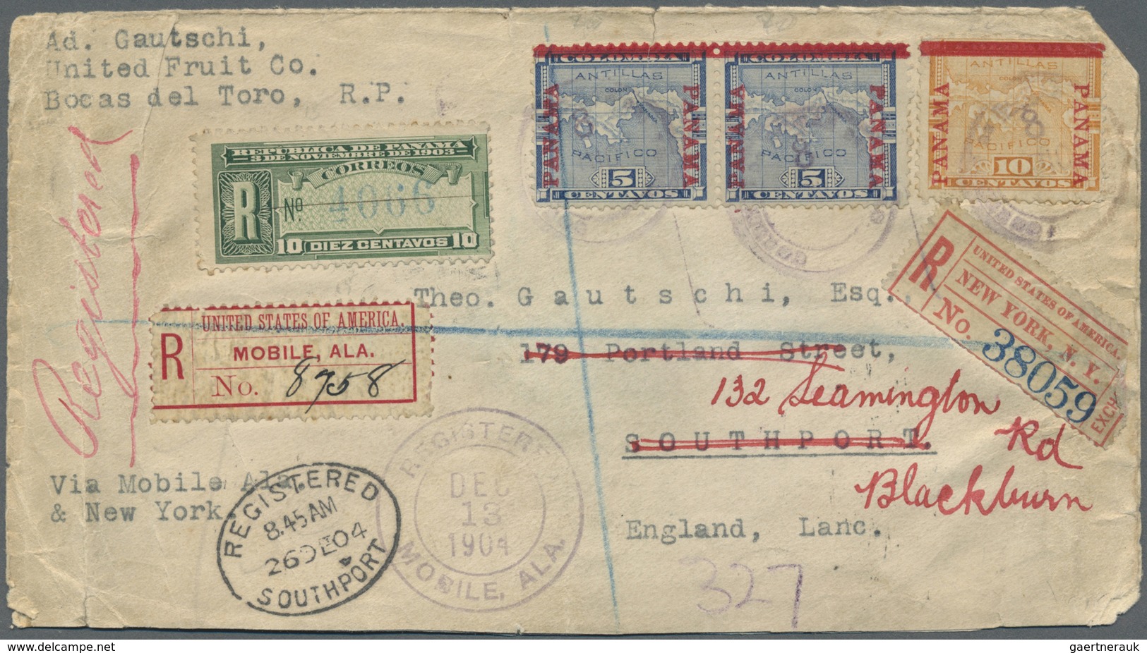 Br Panama: 1904. Registered Envelope (minor Faults) Addressed To England Bearing Panama Yvert 15, 5c Bl - Panama