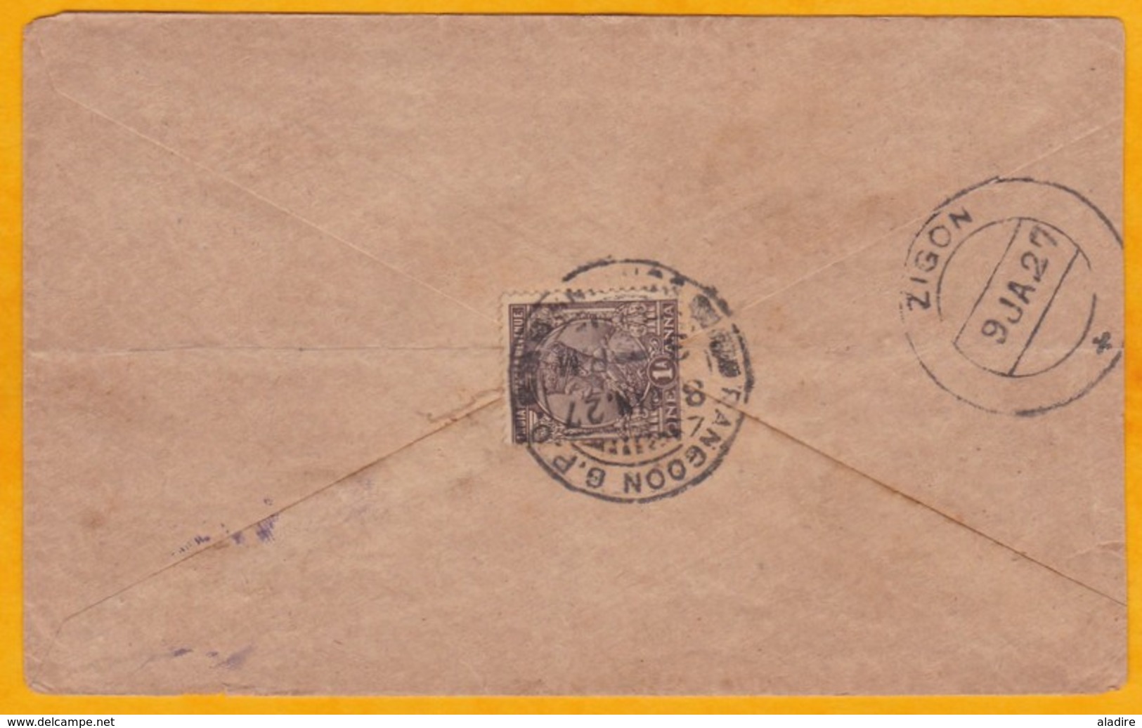 1927 - Enveloppe De Rangoon, Birmanie Colonie Britannique Vers Zigon - Timbre Seul 1 Anna - Roi George V - Burma (...-1947)