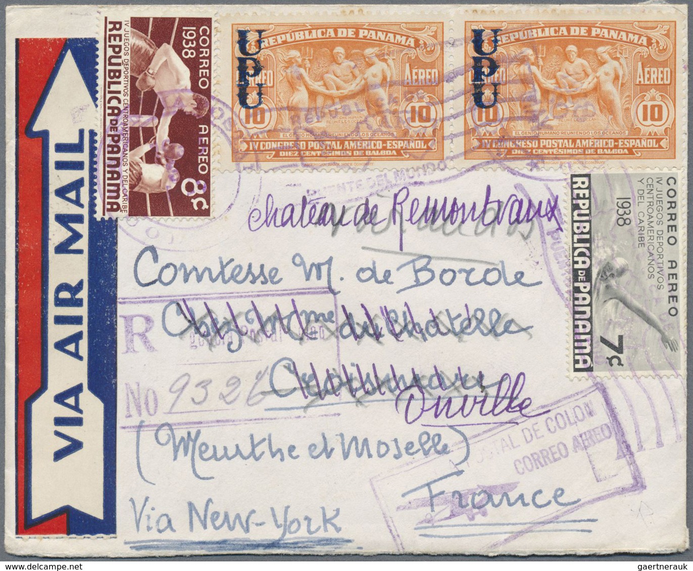 Panama: 1938, Colourfull Franked Registered Airmail-envelope With B/s Big Blue Label "Sierre Officia - Panama