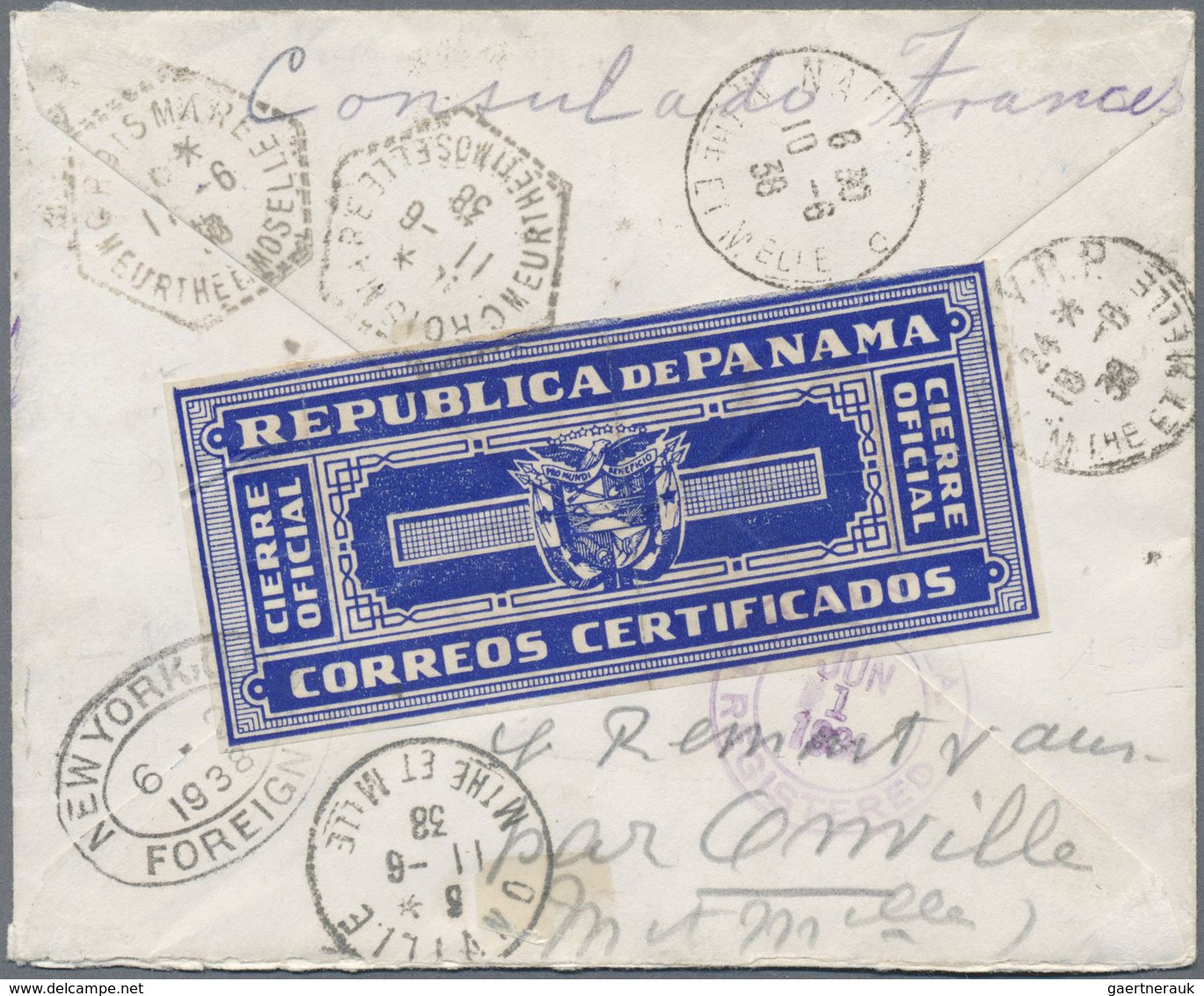 Panama: 1938, Colourfull Franked Registered Airmail-envelope With B/s Big Blue Label "Sierre Officia - Panama