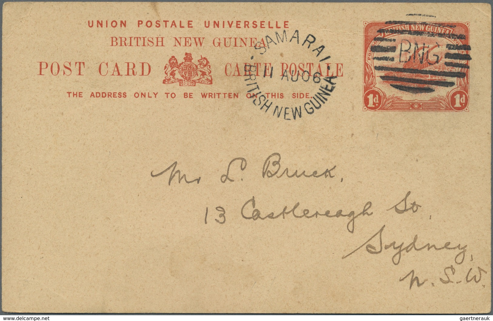 GA Papua: 1906 (11.8.), Stat. Postcard Lakatoi 1d. Red Used With Barred 'BNG' Cancel And 'SAMARAI/BRITI - Papouasie-Nouvelle-Guinée