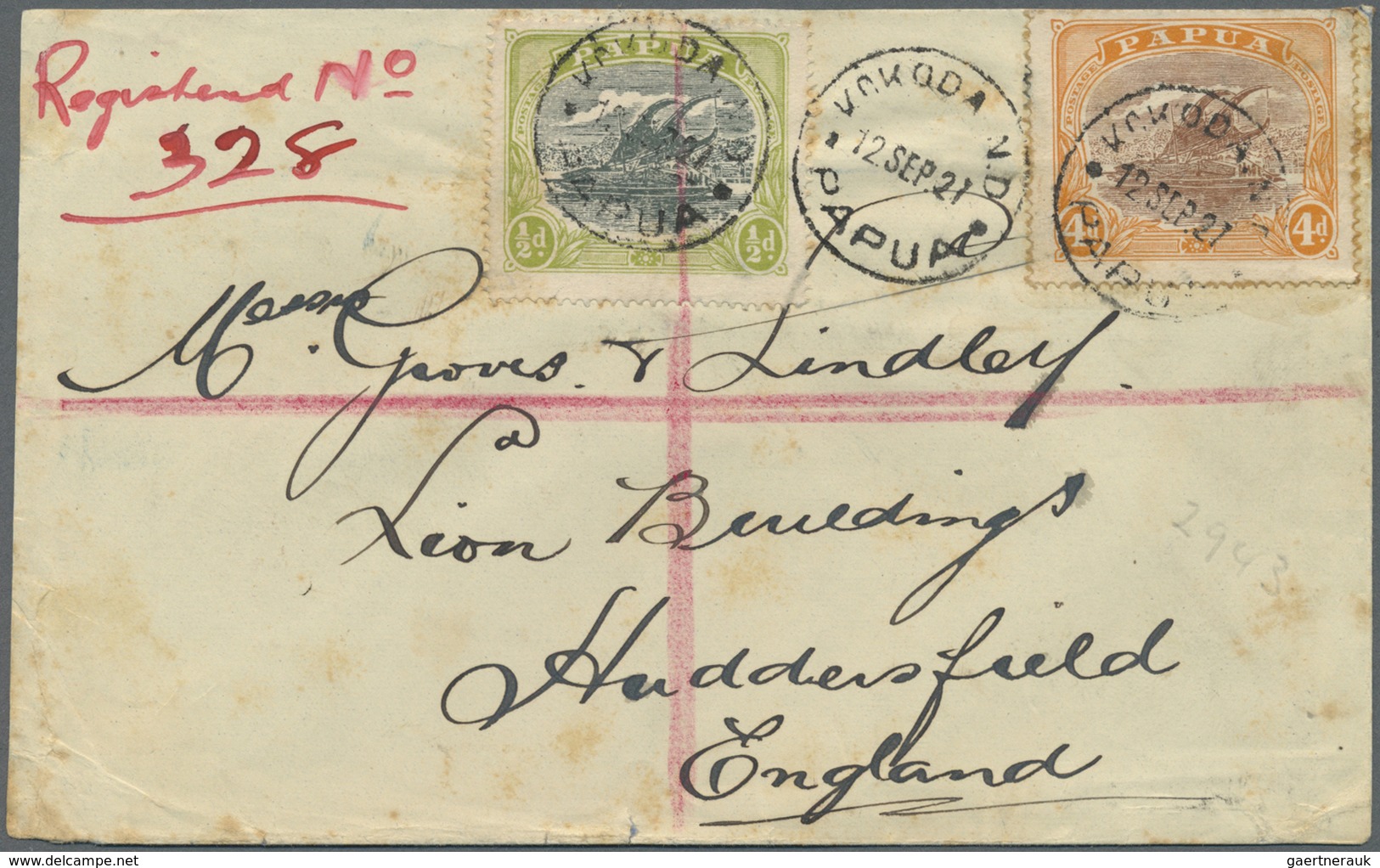 Br Papua: 1921. Registered Envelope (faults/stains) Addressed To England Bearing Papua SG 93, ½d Myrtle - Papouasie-Nouvelle-Guinée