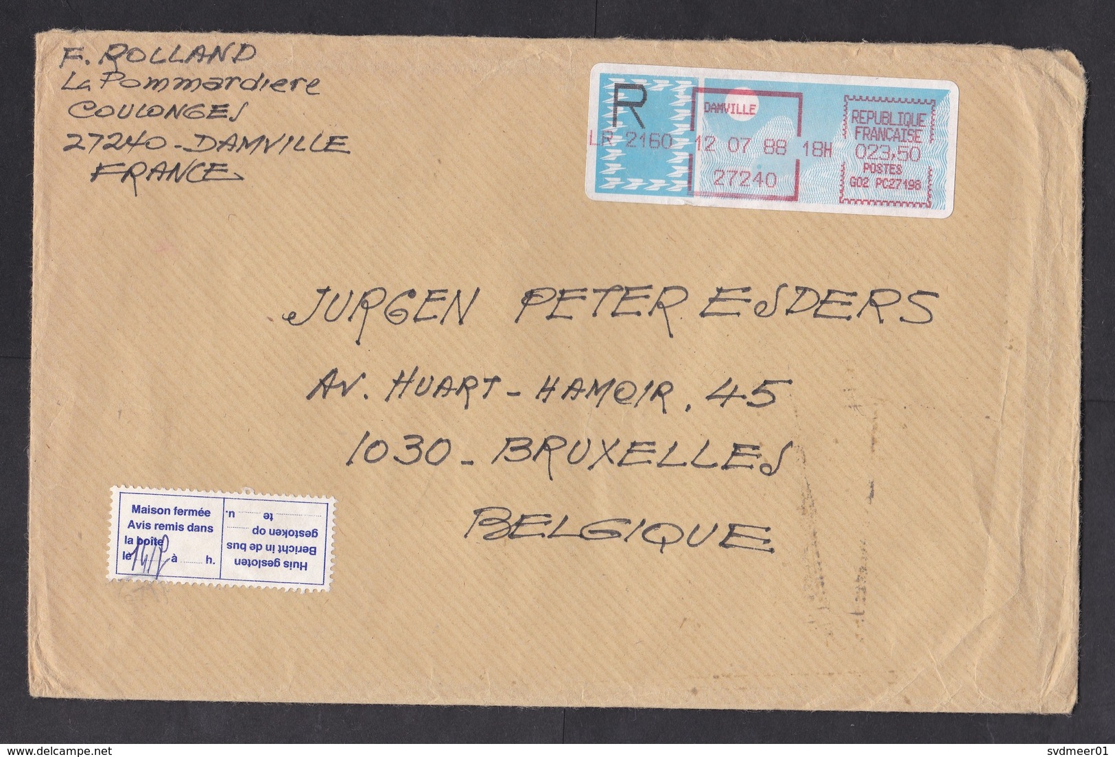 France: Registered Cover To Belgium, 1988, ATM Machine Label, Label Not At Home (minor Damage) - Covers & Documents