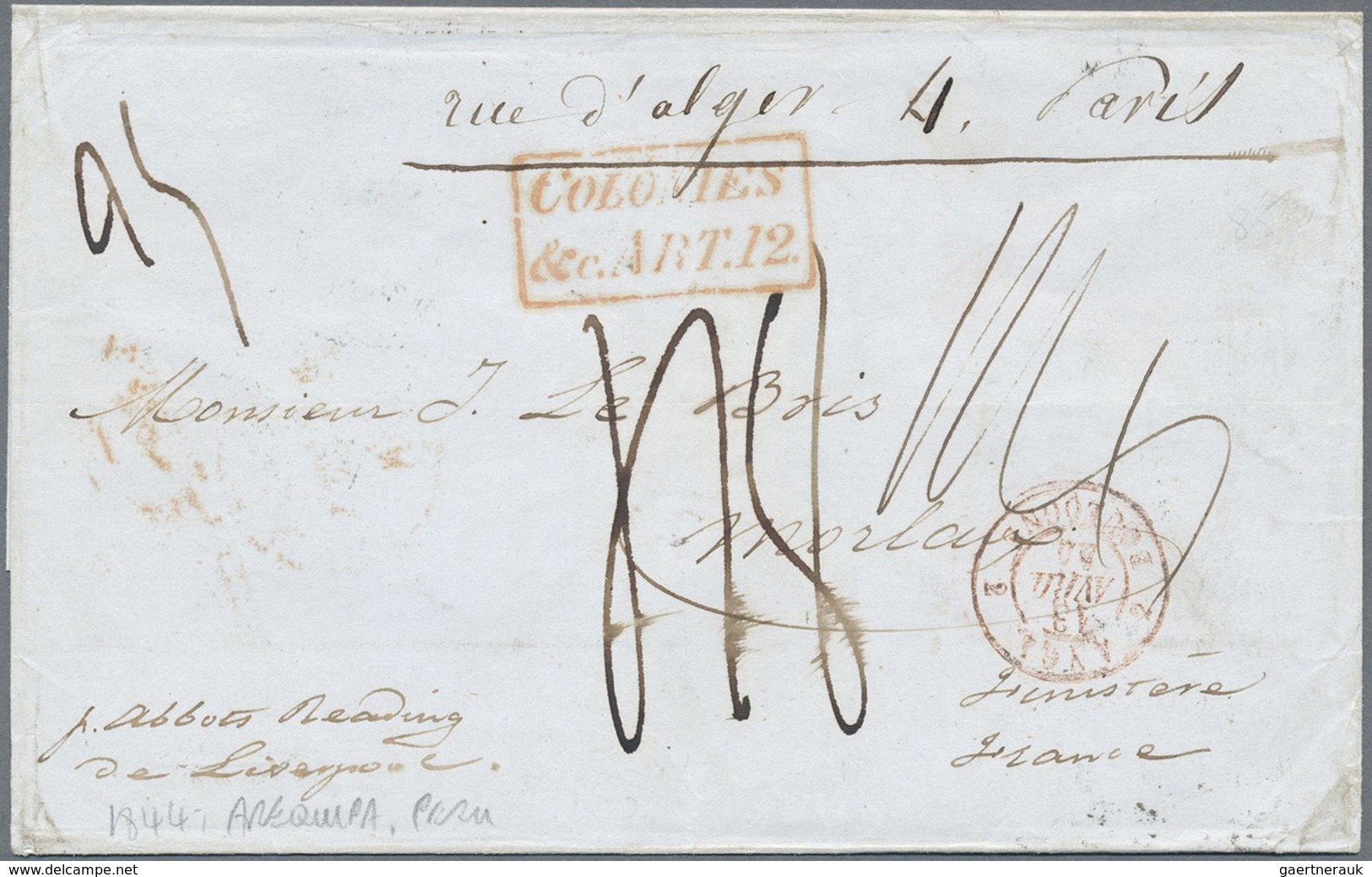 Br Peru: 1844, Folded Letter Without Text From AREQUIPA To Morlaix/France With Red Frame Stamp "Colonie - Pérou