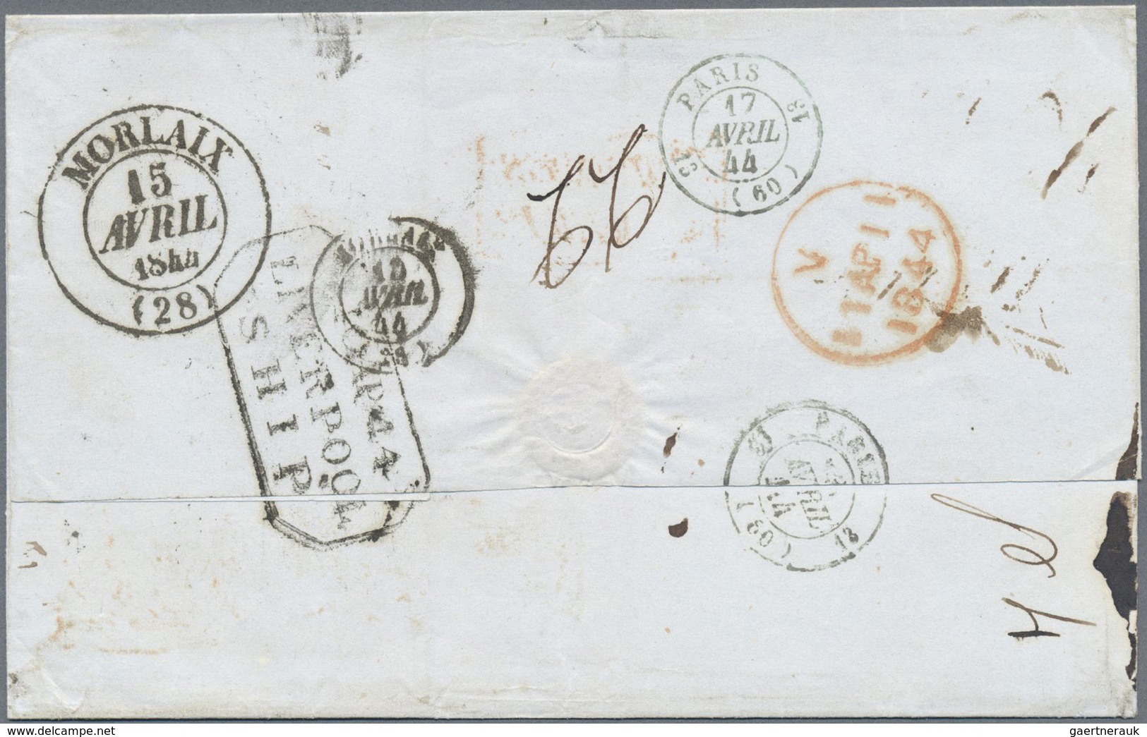 Br Peru: 1844, Folded Letter Without Text From AREQUIPA To Morlaix/France With Red Frame Stamp "Colonie - Peru