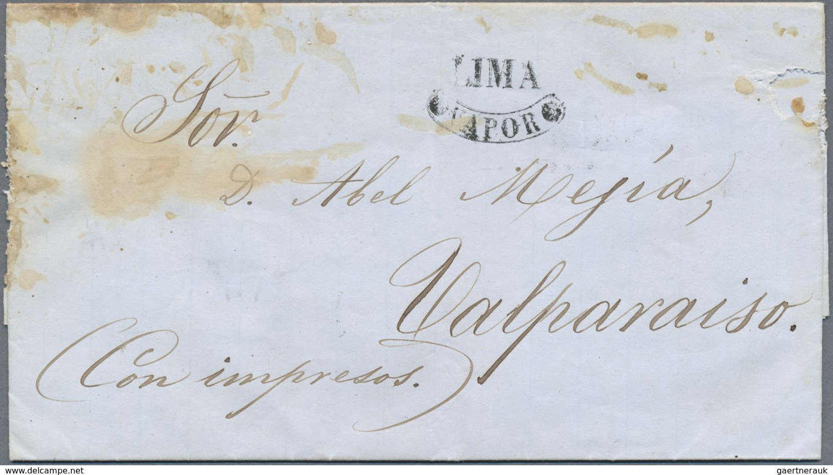 Br Peru: 1851, "LIMA/VAPOR" Ship Post Stamp On Complete Folded Letter From Lima To Valpariaso, Handwrit - Peru