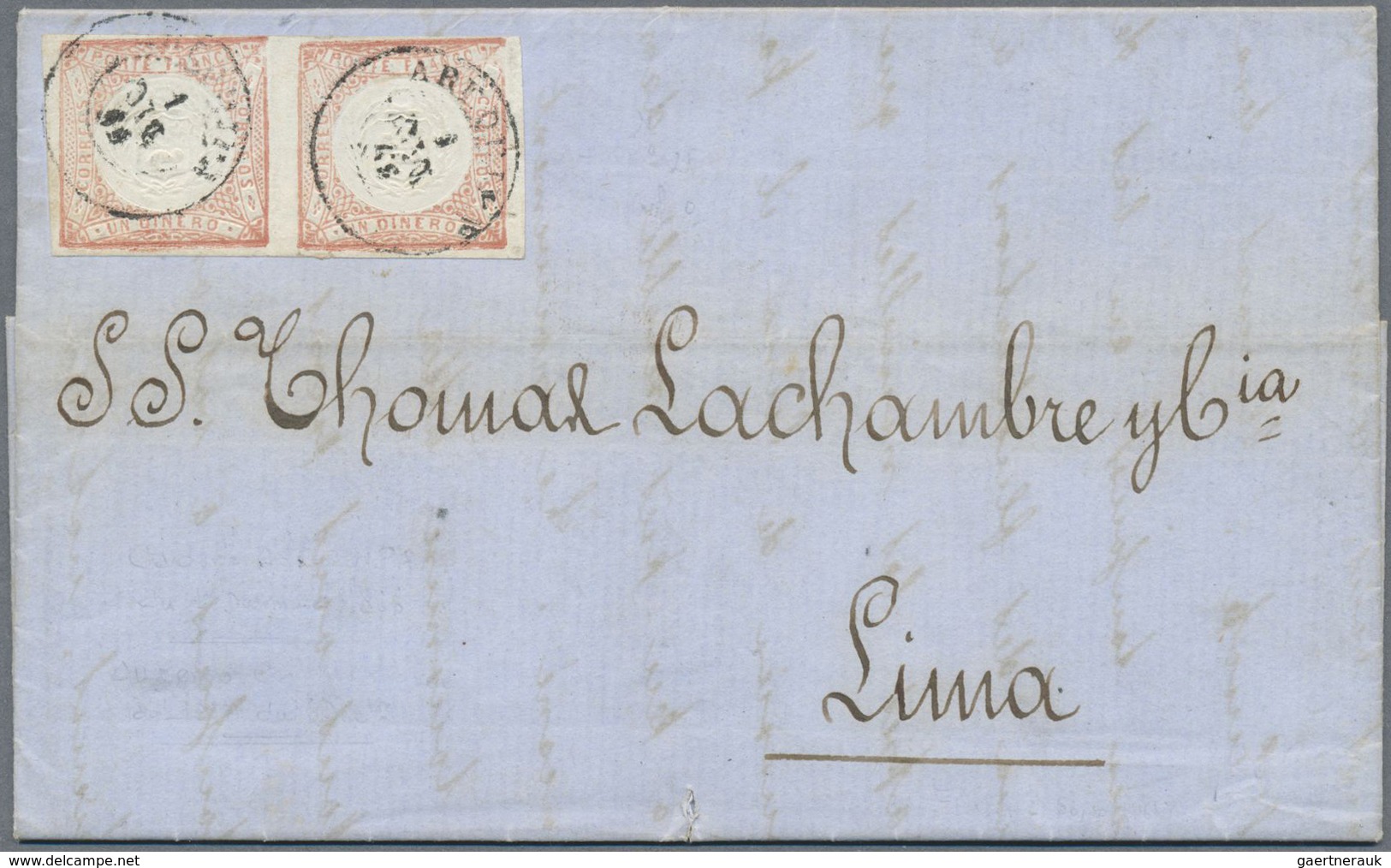 Br Peru: 1866, 1 Dinero Red Horizontal Pair On Complete Folded Letter From Arequipa To Lima With Intere - Pérou