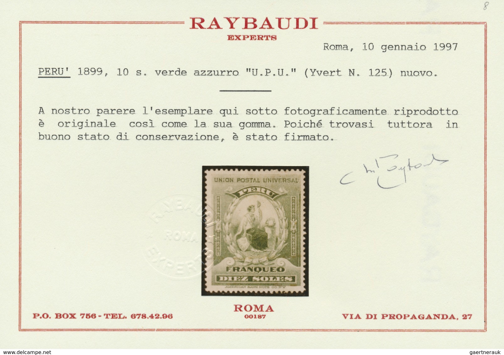 * Peru: 1899, Definitive Stamp 10c. Blue-green Mint Hinged And Signed With Raybaudi Certificate (1997) - Pérou