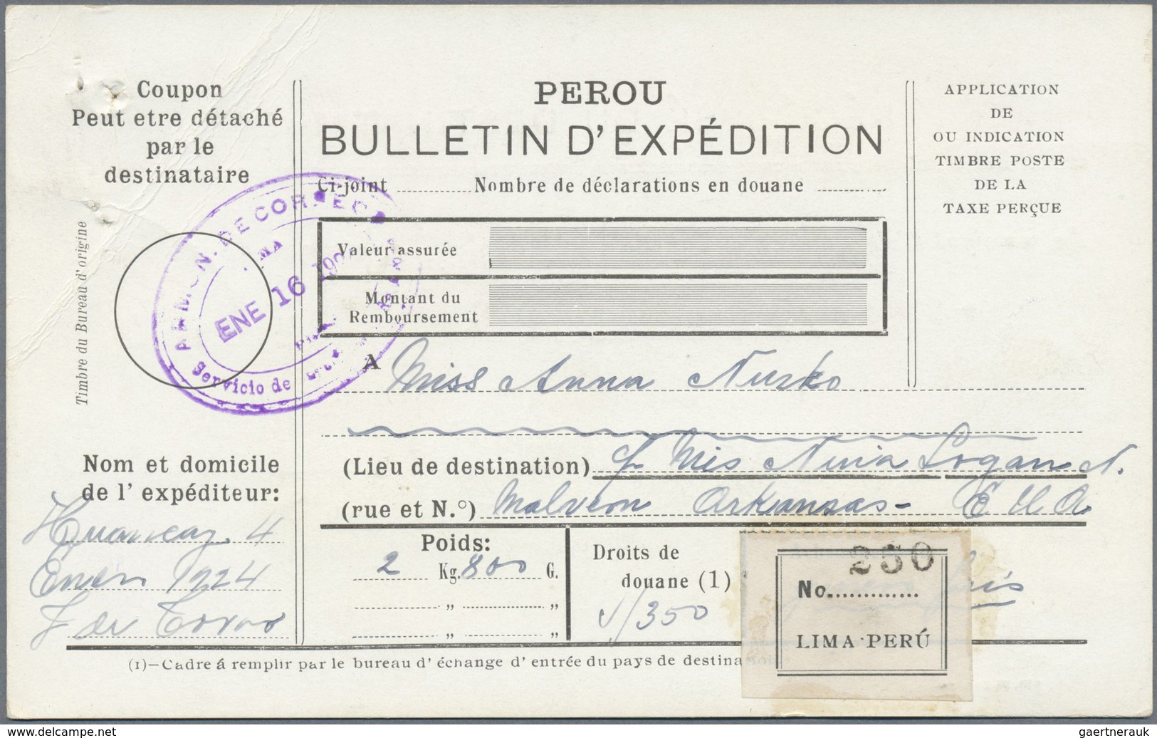 Br Peru: 1918/1924, Two Package Cards From LIMA To The USA, The First (small Card) With 50c And 2 So Fr - Pérou