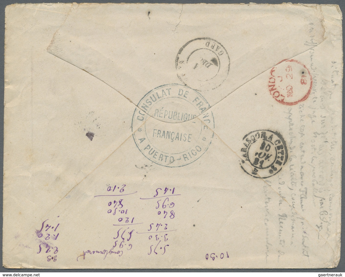 Br Puerto Rico: 1881. Envelope To France With 'Consulate De France A Puerto Rico' Cachet In Blue On Fro - Puerto Rico