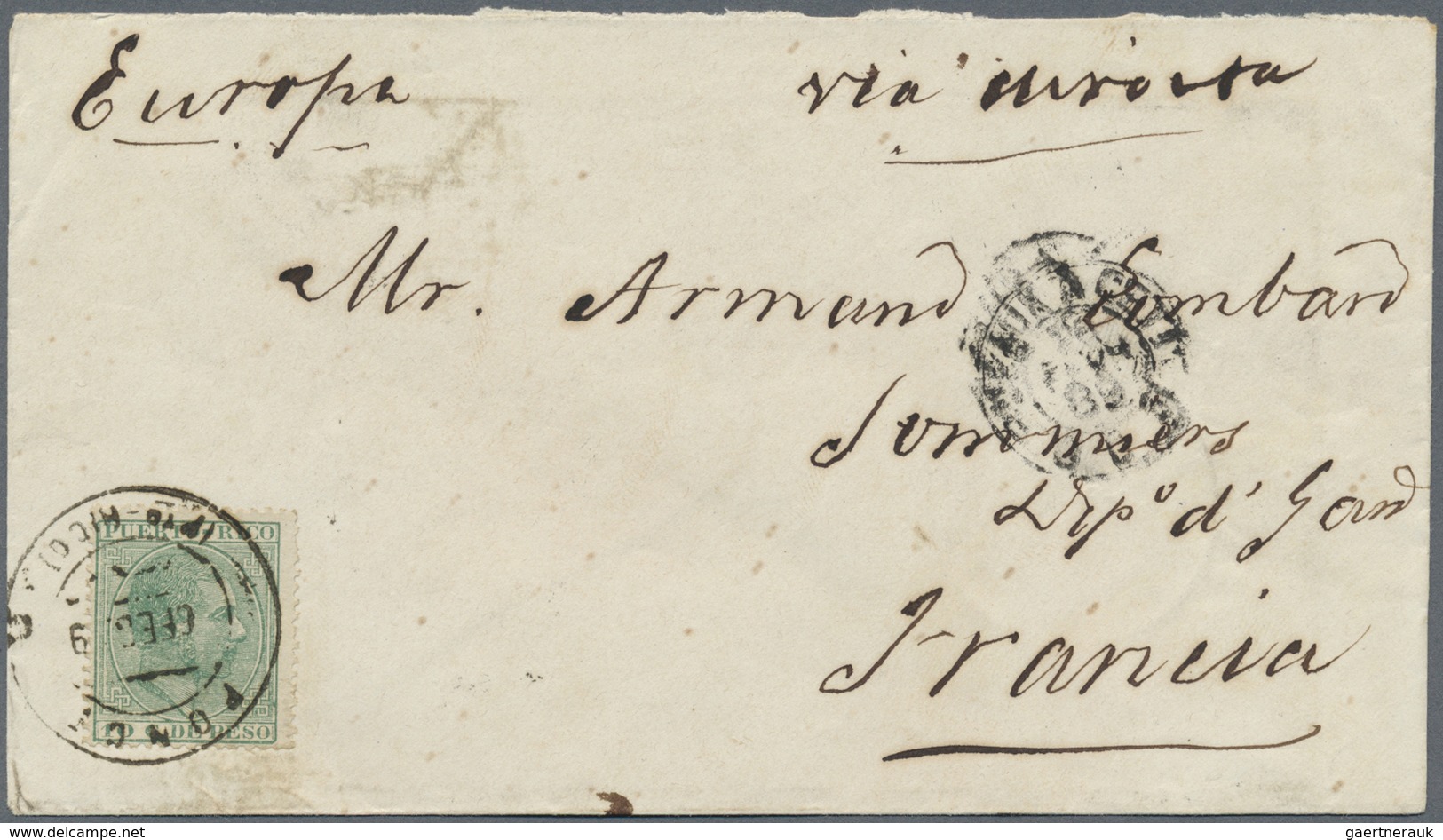 Br Puerto Rico: 1889. Envelope To France Bearing Yvert67, 10c Blue/green Tied By Ponce Double Ring, Rou - Puerto Rico