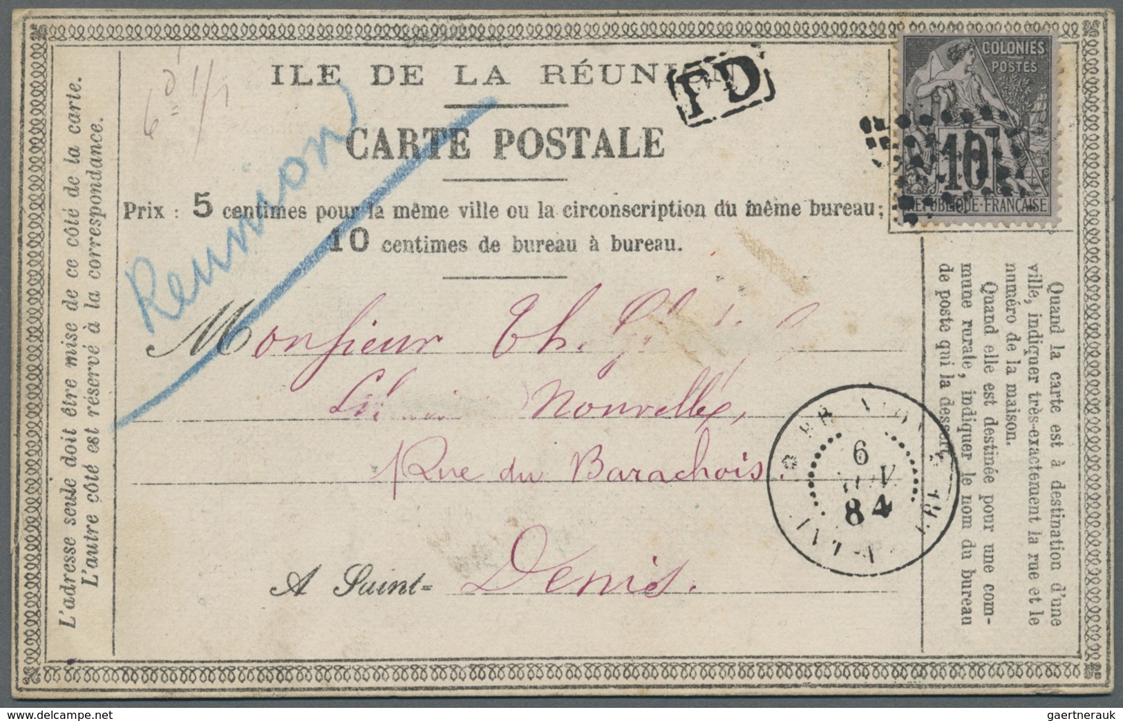 GA Reunion: 1884, Postcard Form W. Colonies 10 C. Tied Diamond Lozange W. "6 NOV 84" Dater Alongside To - Lettres & Documents