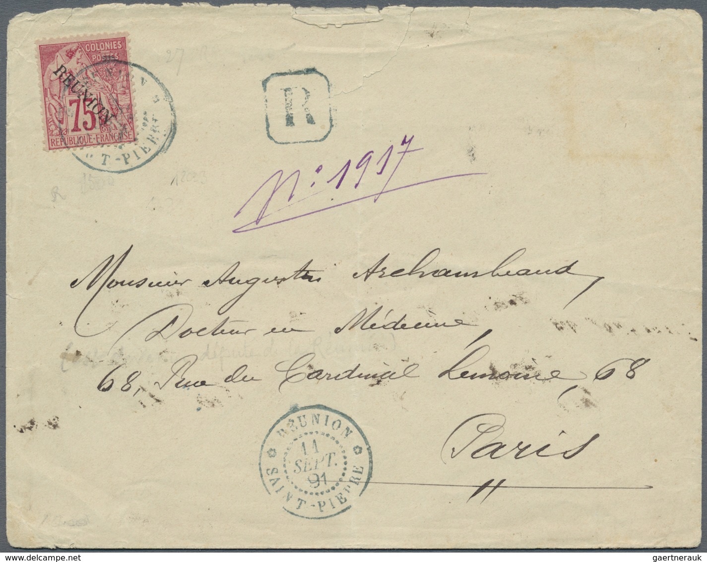 Br Reunion: 1891, 75 C. Red, 'Allegorie" Overprinted "REUNION" On Front Of A Registered Cover, Extraord - Lettres & Documents