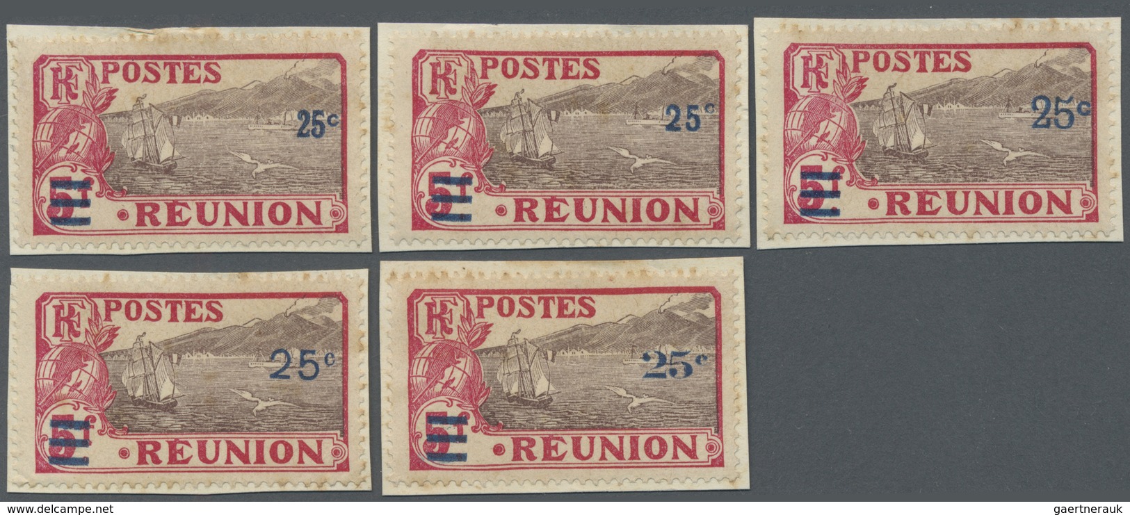 Brfst Reunion: 1926, 25 C. On 2 Fr. Carmine/brown-lilarc With Overprint, Five Different Overprint Types In - Lettres & Documents
