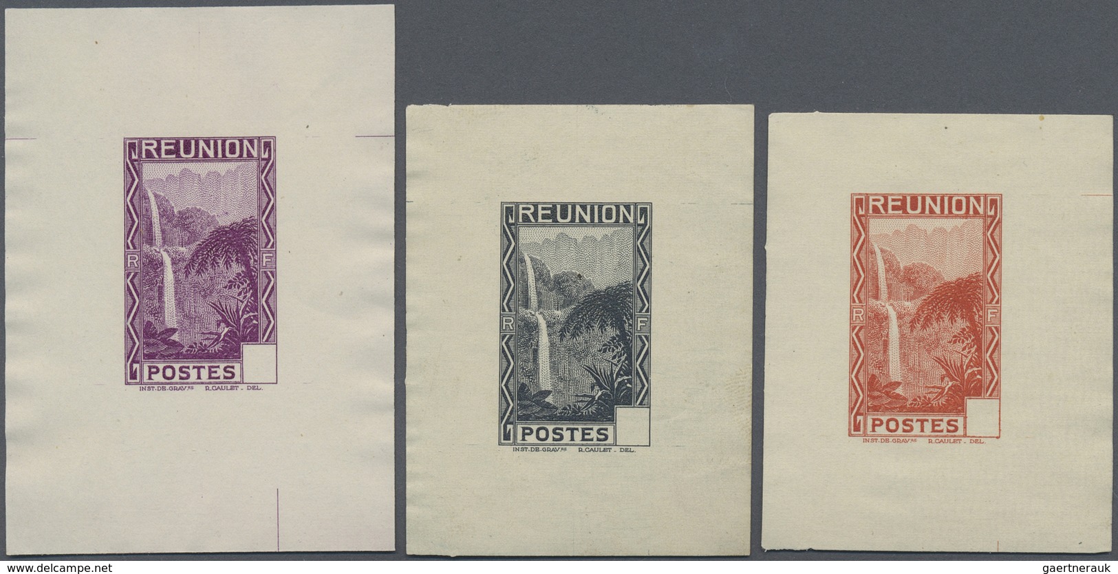 (*) Reunion: 1933, Definitives "Tourism", Design "Salazie Waterfall", Group Of Nine Single Die Proofs Wi - Lettres & Documents