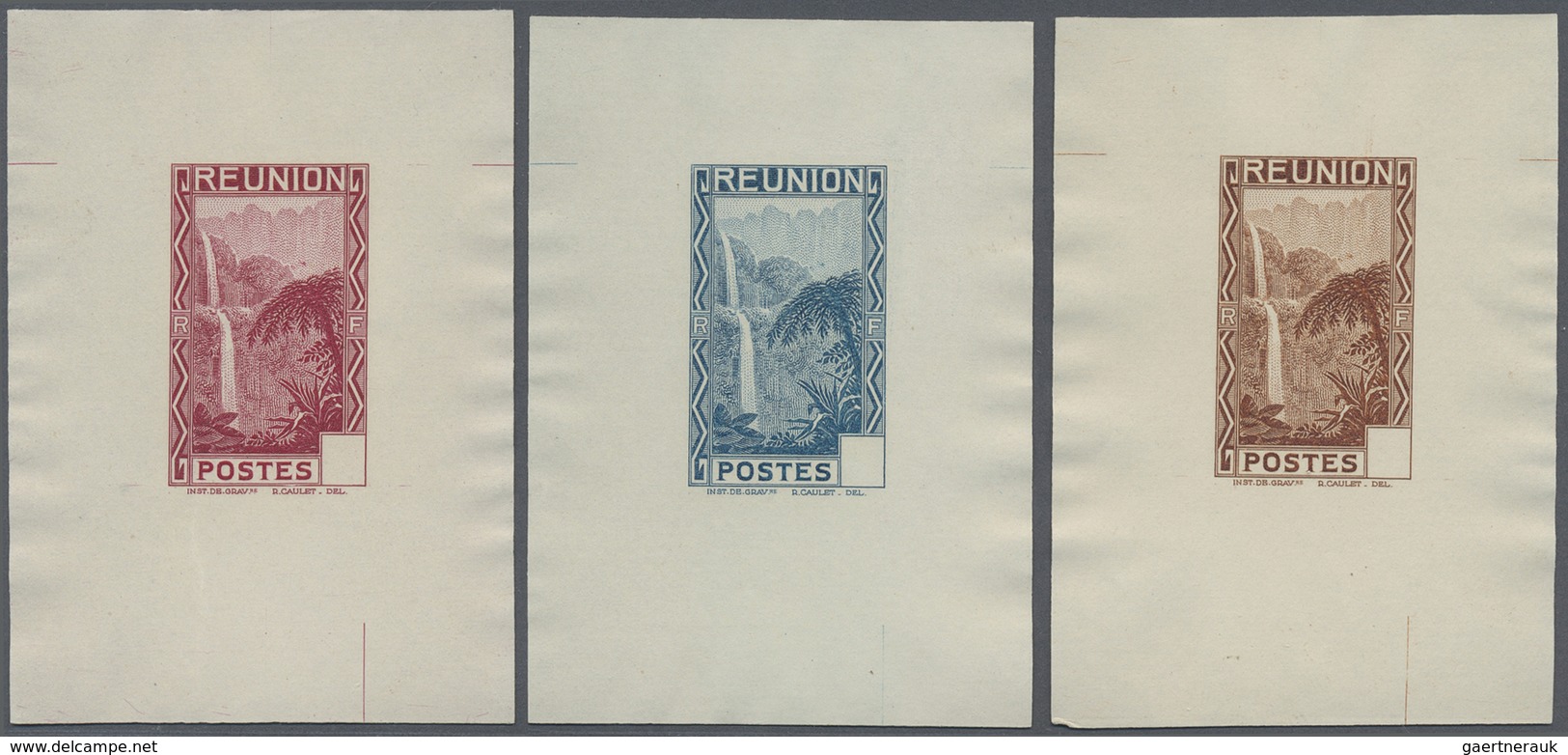 (*) Reunion: 1933, Definitives "Tourism", Design "Salazie Waterfall", Group Of Nine Single Die Proofs Wi - Lettres & Documents