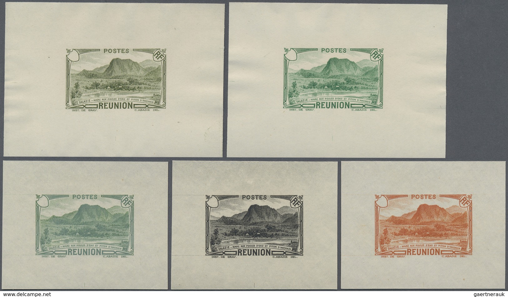 (*) Reunion: 1933/1938, Definitives "Tourism", Design "Piton D'Anchain", Group Of Eight Single Die Proof - Brieven En Documenten