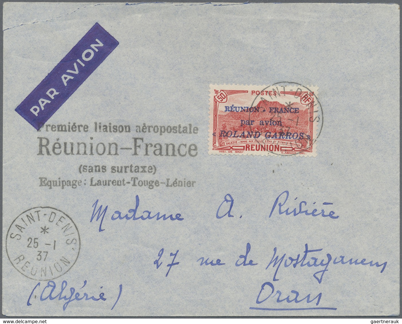 Br Reunion: 1937 Airmail Stamp Réunion-France 50c Red Used On Airmail Cover From St. Denis To Oran, Alg - Brieven En Documenten