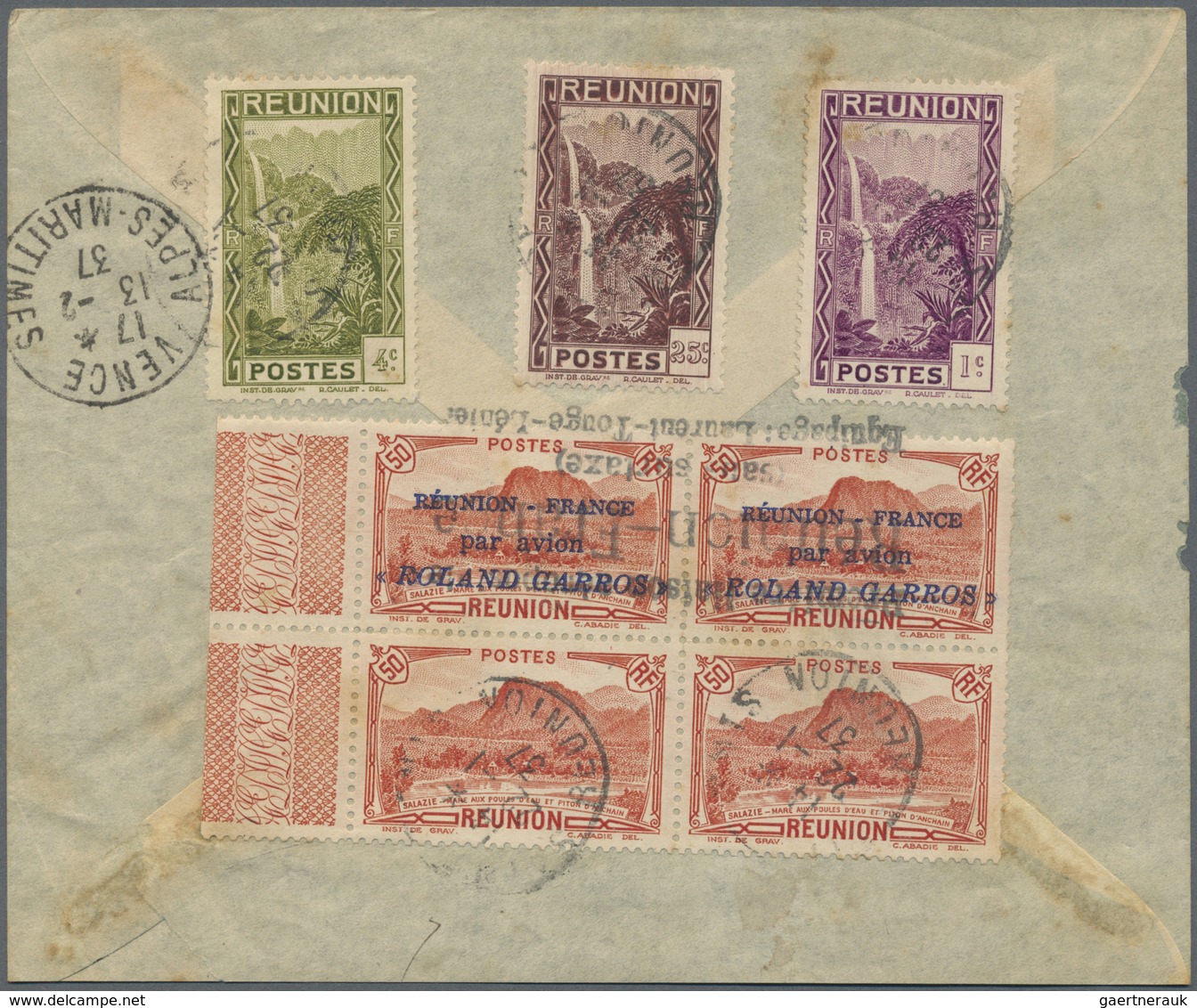 Br Reunion: 1937, "ROLAND GARROS" Flight, 50c. Red Left Marginal Block Of Four Showing Variety "BOTH LO - Lettres & Documents