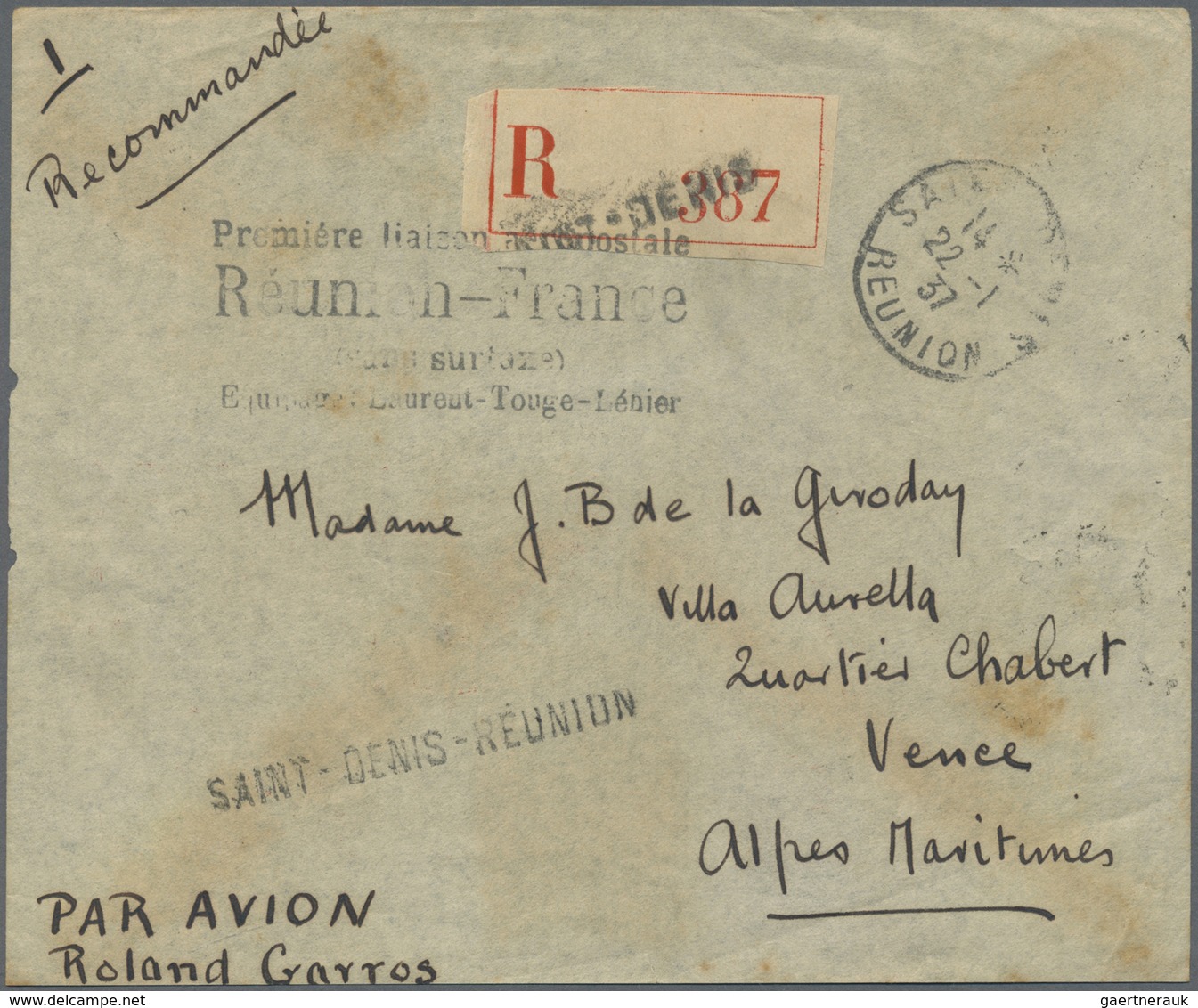 Br Reunion: 1937, "ROLAND GARROS" Flight, 50c. Red Left Marginal Block Of Four Showing Variety "BOTH LO - Covers & Documents