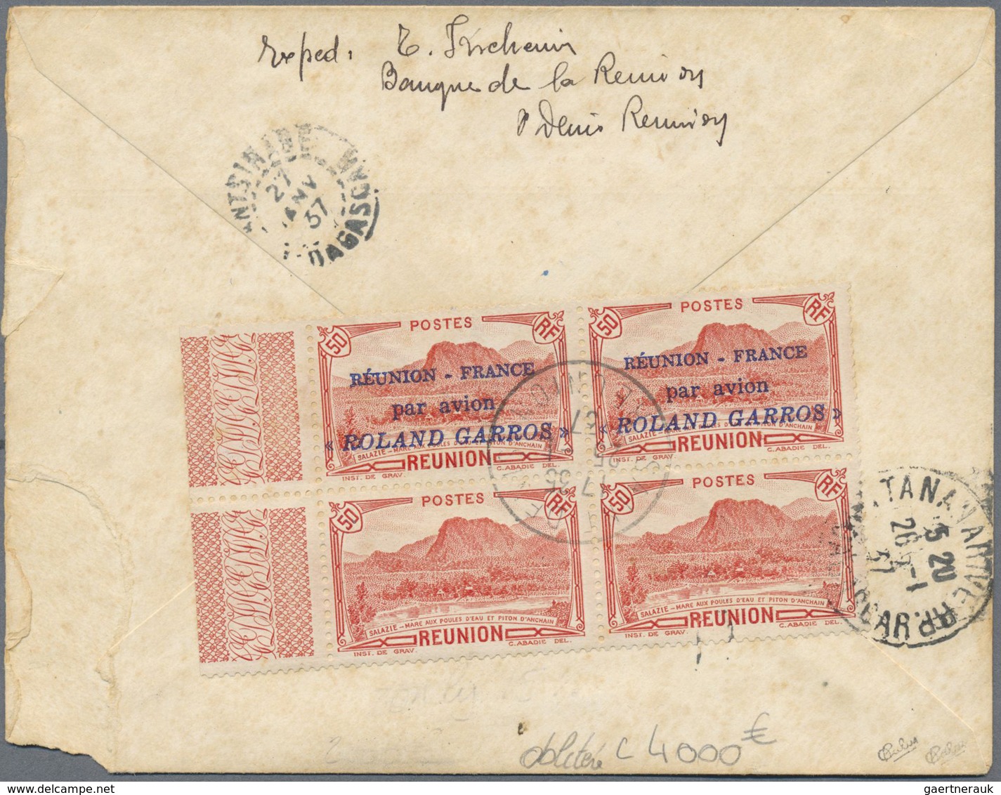 Reunion: 1937,50 F "REUNION-FRANCE Par Avion ROLAND GARROS" In Block Of Four WITH MISSING IMPRINT On - Covers & Documents