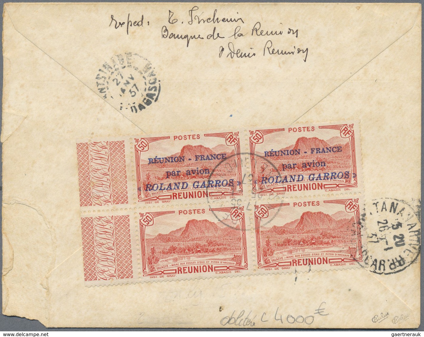 Reunion: 1937,50 F "REUNION-FRANCE Par Avion ROLAND GARROS" In Block Of Four WITH MISSING IMPRINT On - Lettres & Documents