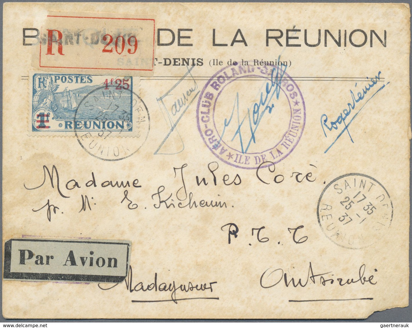 Reunion: 1937,50 F "REUNION-FRANCE Par Avion ROLAND GARROS" In Block Of Four WITH MISSING IMPRINT On - Brieven En Documenten