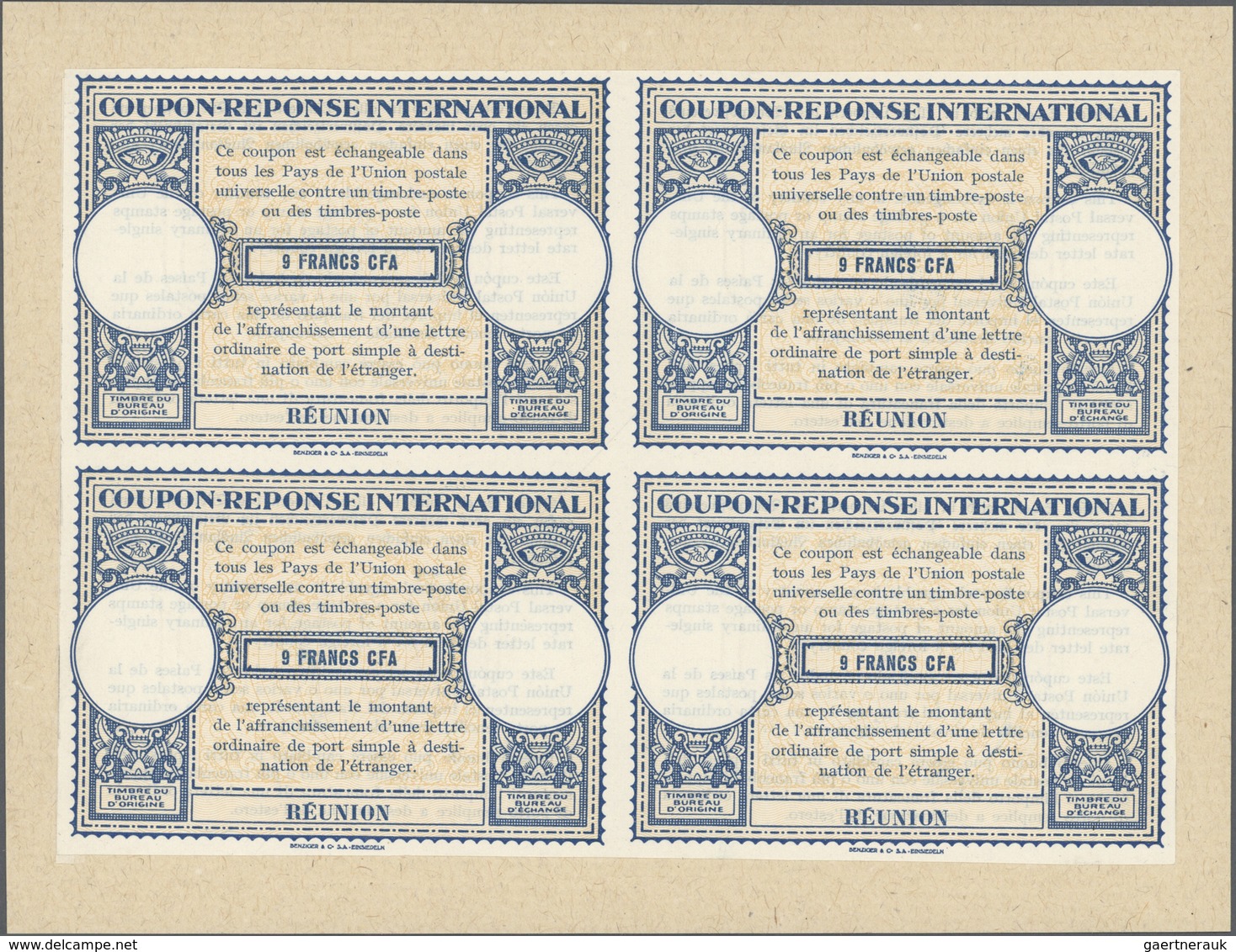 GA Reunion: 1947, Reply Coupon 9fr. CFA, Not Issued, Block Of Four. Ex UPU, Unique. ÷ 1947. C.R.I. 9fr - Covers & Documents