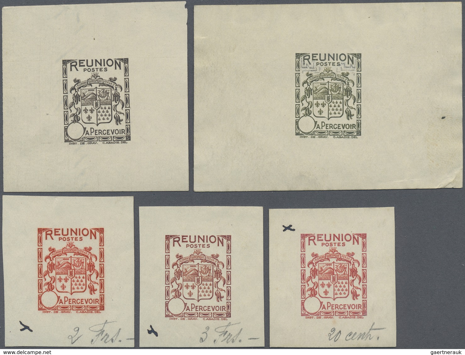 (*) Reunion - Portomarken: 1933, Coat Of Arms, Group Of Five Single Die Proofs With Blank Value Field, P - Postage Due