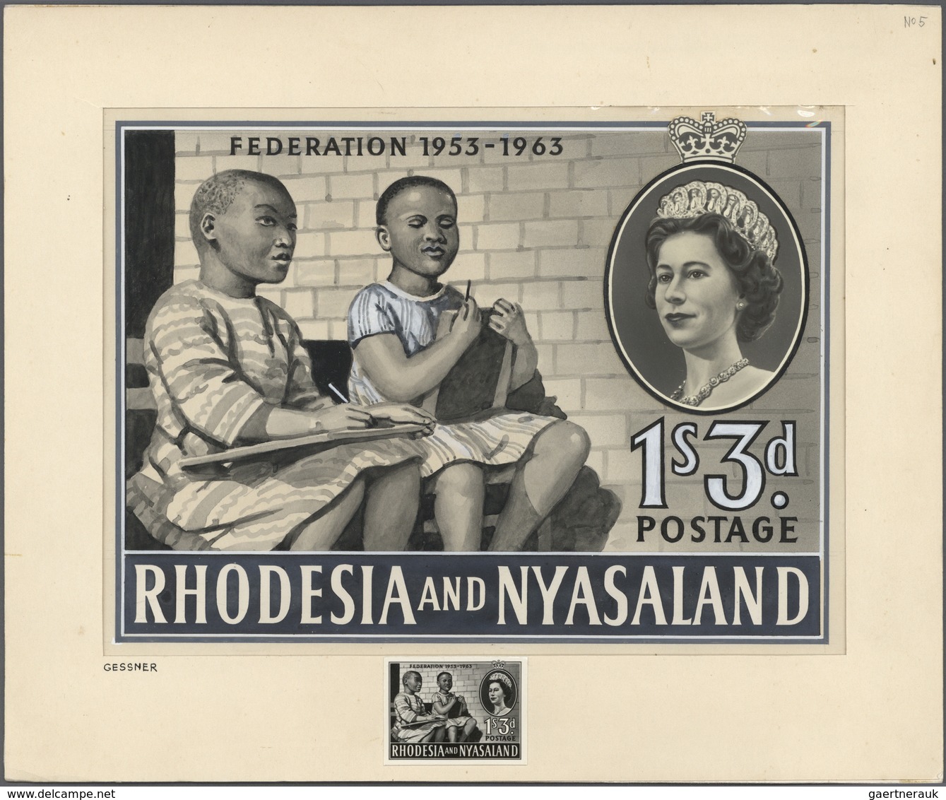 (*) Rhodesien Und Nyassaland: 1963, Not Issued: Federation 1953-1963 1S.3d., Monochrome Handpainted Conc - Rhodesië & Nyasaland (1954-1963)