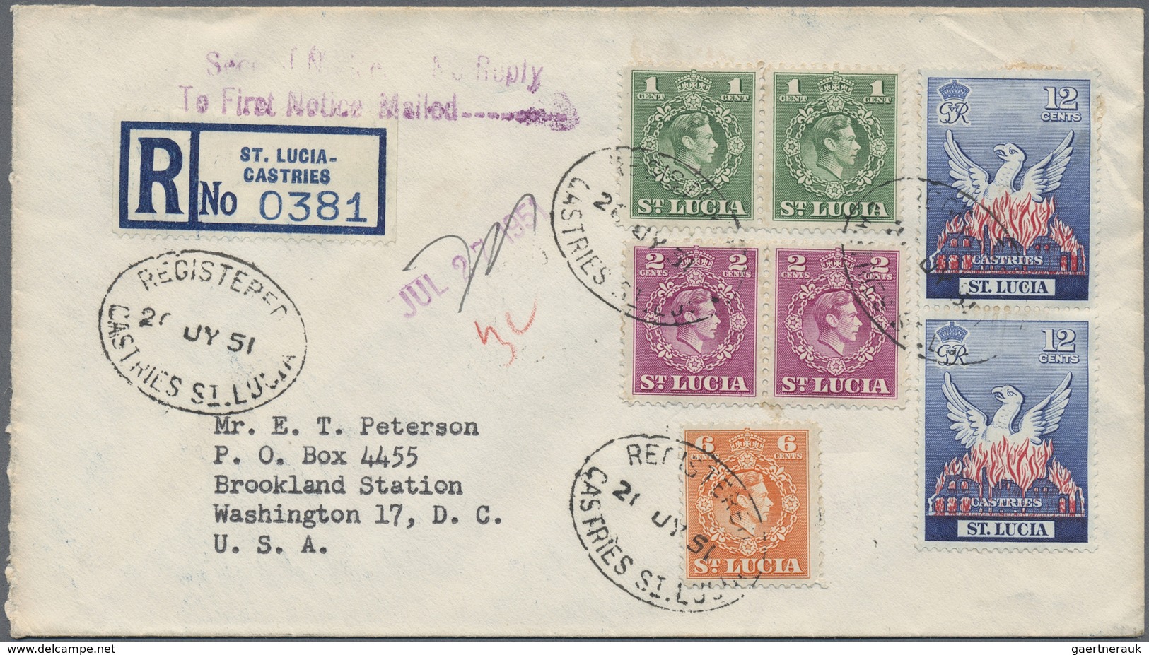 Br/ St. Lucia: 1904/1951, Small Lot Of Three With Picture Card Of CASTRIES And Two Registered Letter Fro - St.Lucia (...-1978)
