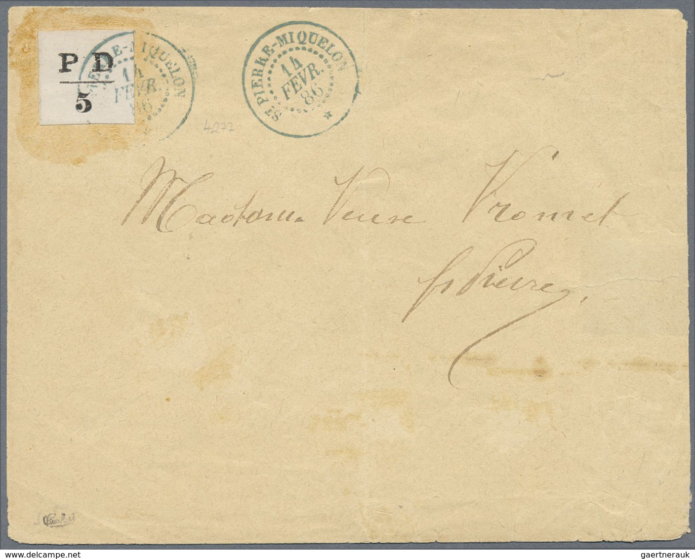 Br St. Pierre Und Miquelon: 1886, 5c Black Provisional Stamp „PD / 5” (PD = Payé A Destination) Used On - Autres & Non Classés