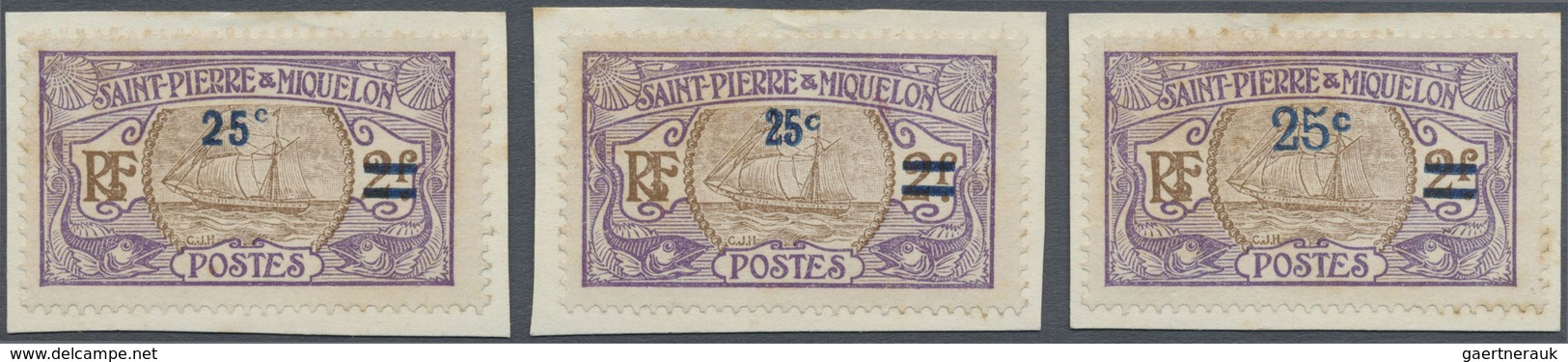 Brfst St. Pierre Und Miquelon: 1924, 25 C. On 2 F. Violet/brown Sailing Ship With Overprint, Three Differe - Other & Unclassified