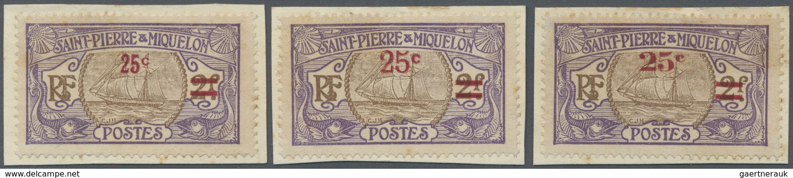 Brfst St. Pierre Und Miquelon: 1924, 25 C. On 2 F. Violet/brown Sailing Ship With Overprint, Three Differe - Autres & Non Classés