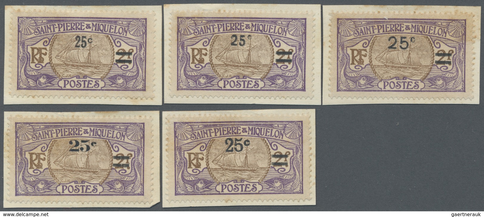 St. Pierre Und Miquelon: 1924, 25 C. On 2 F. Violet/brown Sailing Ship With Overprint, Five Differen - Autres & Non Classés