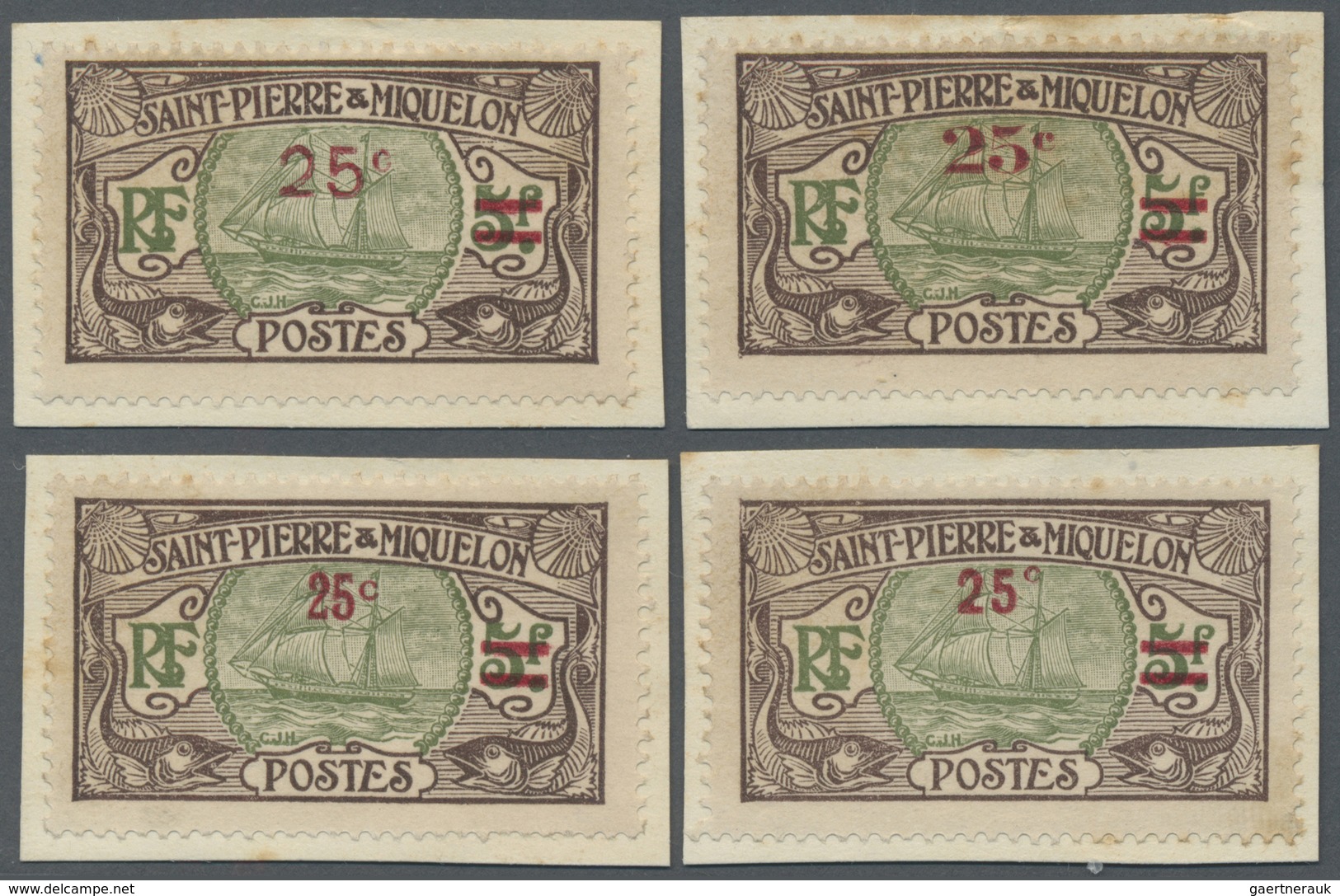 Brfst St. Pierre Und Miquelon: 1924, 25 C. On 5 F. Brown/olive Sailing Ship With Overprint, Four Different - Autres & Non Classés