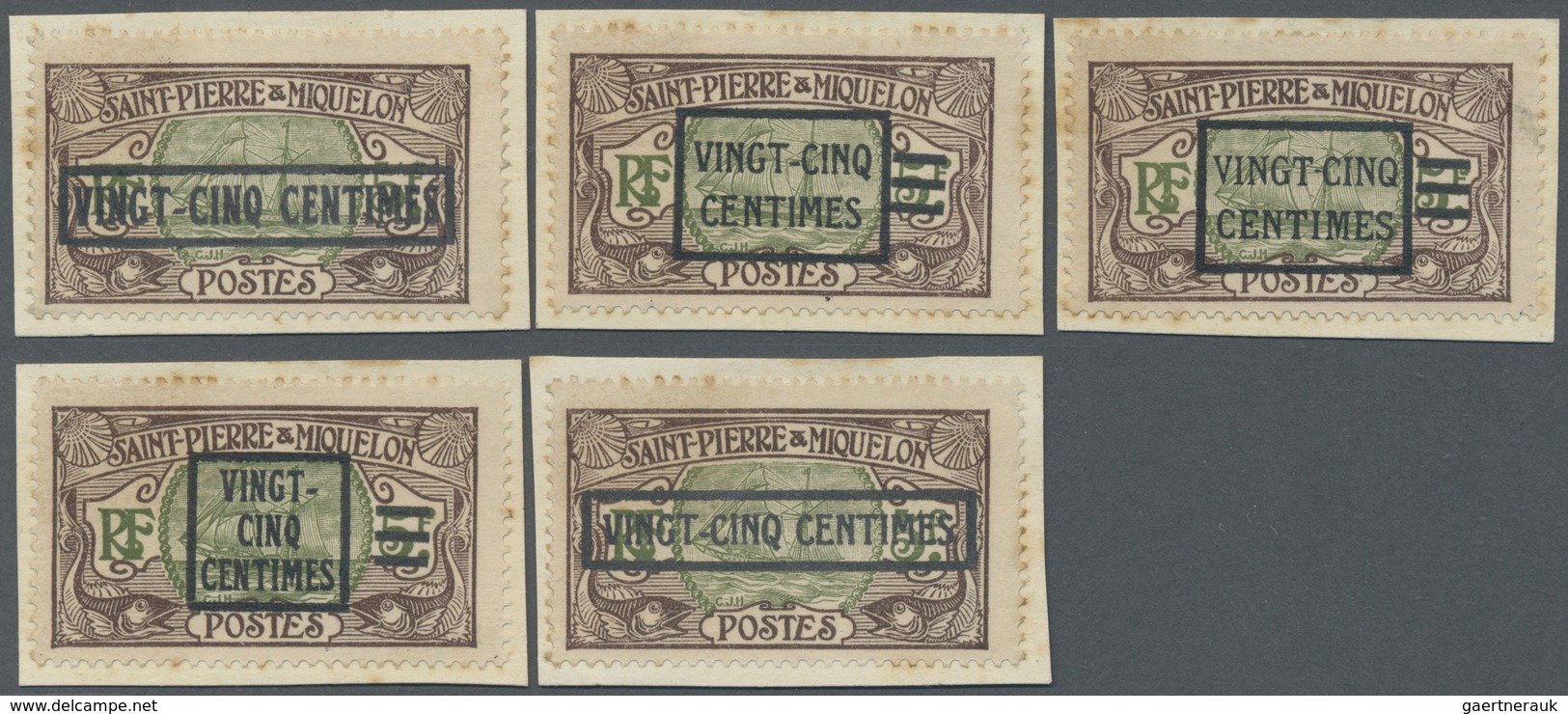 Brfst St. Pierre Und Miquelon: 1924, VINGT-CINQ-CENTIMES On 5 F. Brown/olive Sailing Ship With Overprint, - Autres & Non Classés