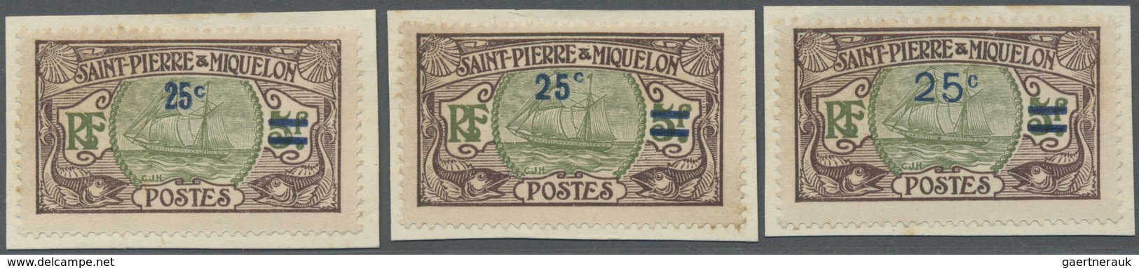 Brfst St. Pierre Und Miquelon: 1924, 25 C. On 5 F. Brown/olive Sailing Ship With Overprint, Three Differen - Autres & Non Classés