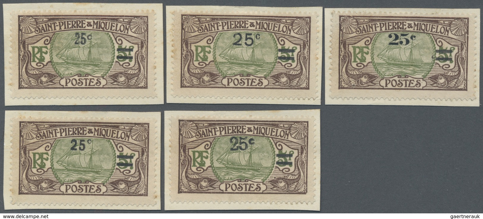 Brfst St. Pierre Und Miquelon: 1924, 25 C. On 5 F. Brown/olive Sailing Ship With Overprint, Five Different - Sonstige & Ohne Zuordnung