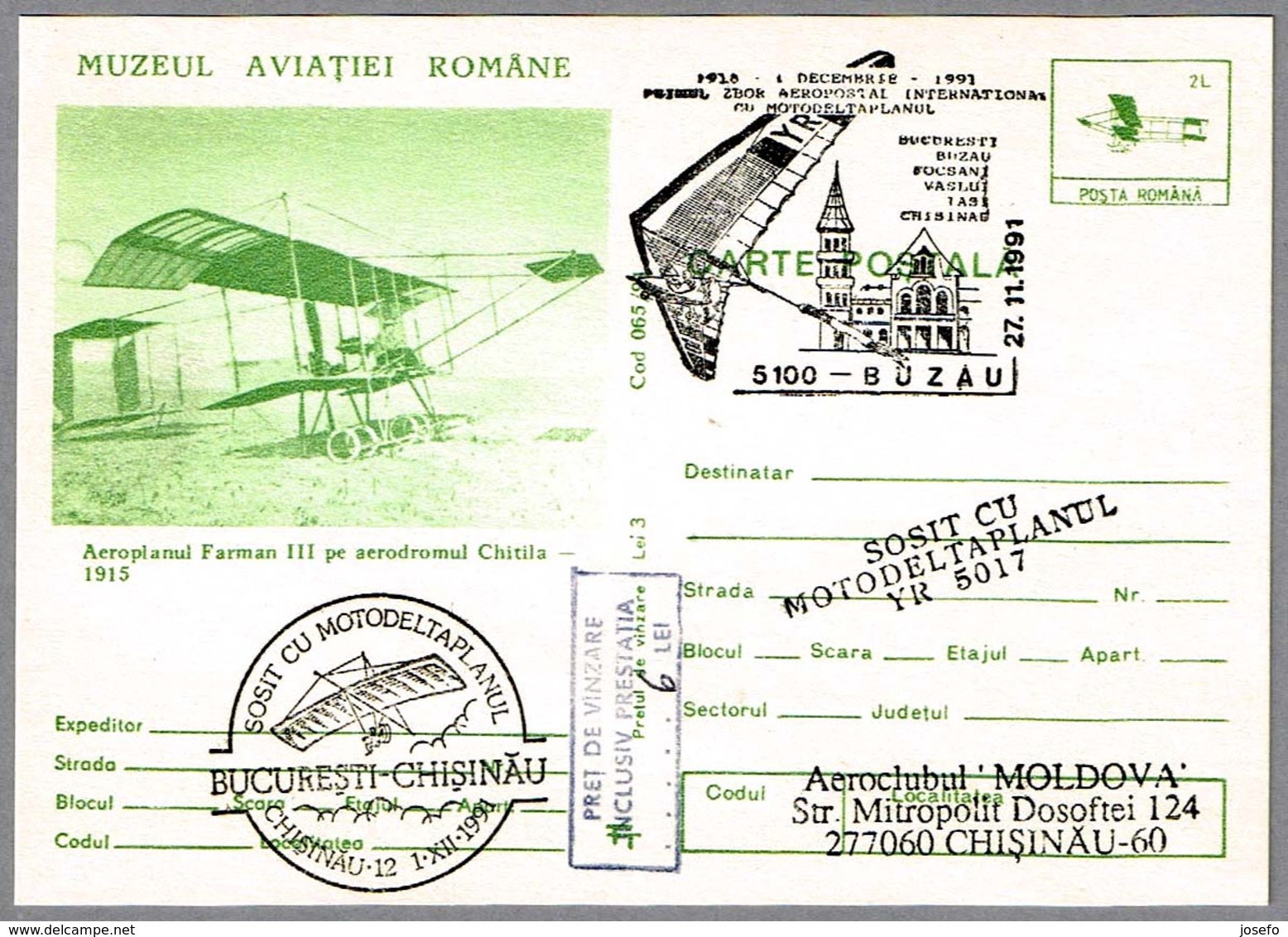 Primer Vuelo Aeropostal Internacional En ALA DELTA CON MOTOR - Ultra Light Trike. Buzau 1991 - Correo Postal