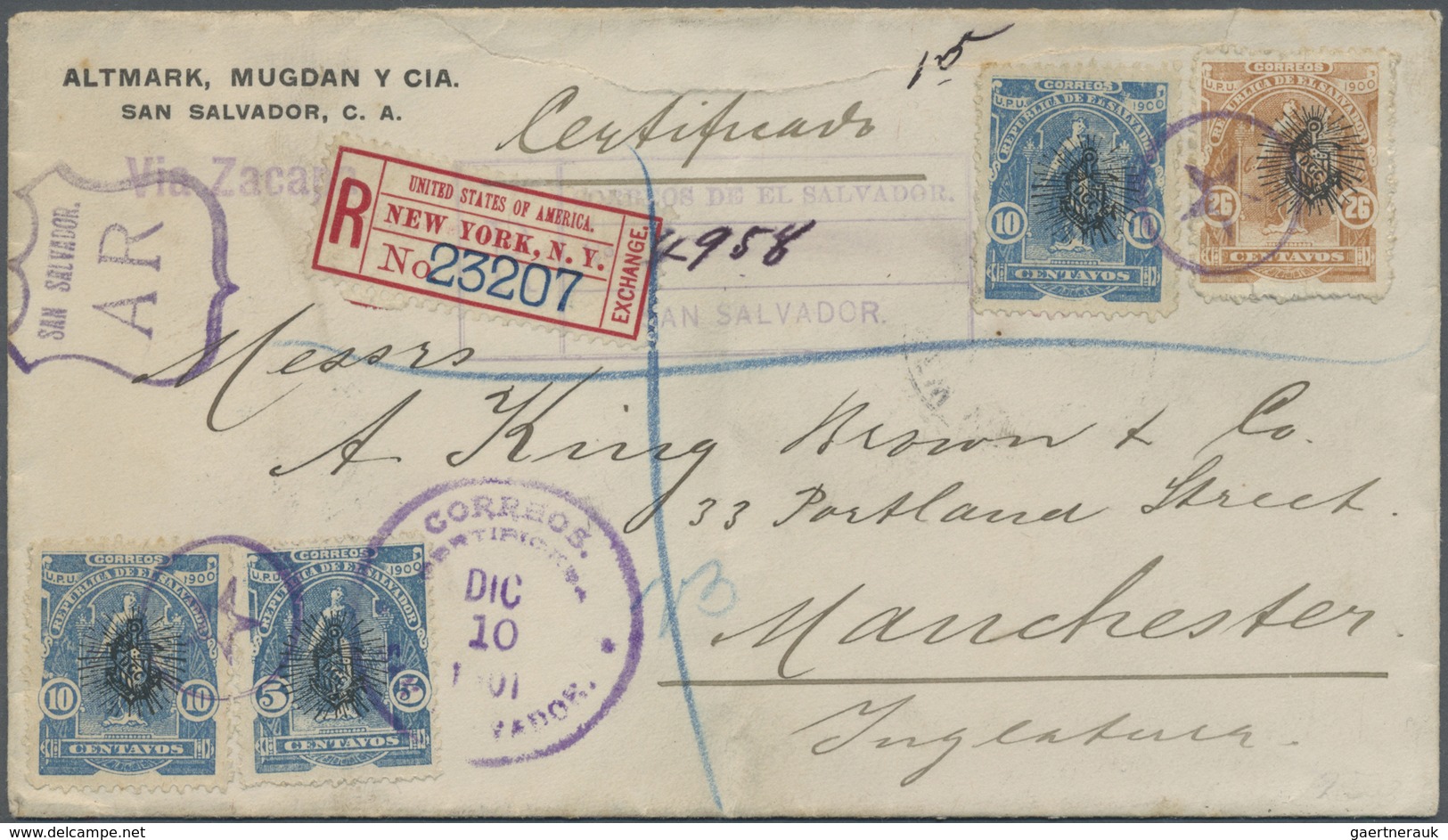 Br El Salvador: 1900, Three Items 10 C Blue And One 26 C Yellow-brown Cancelled With Violet Handstamp S - El Salvador